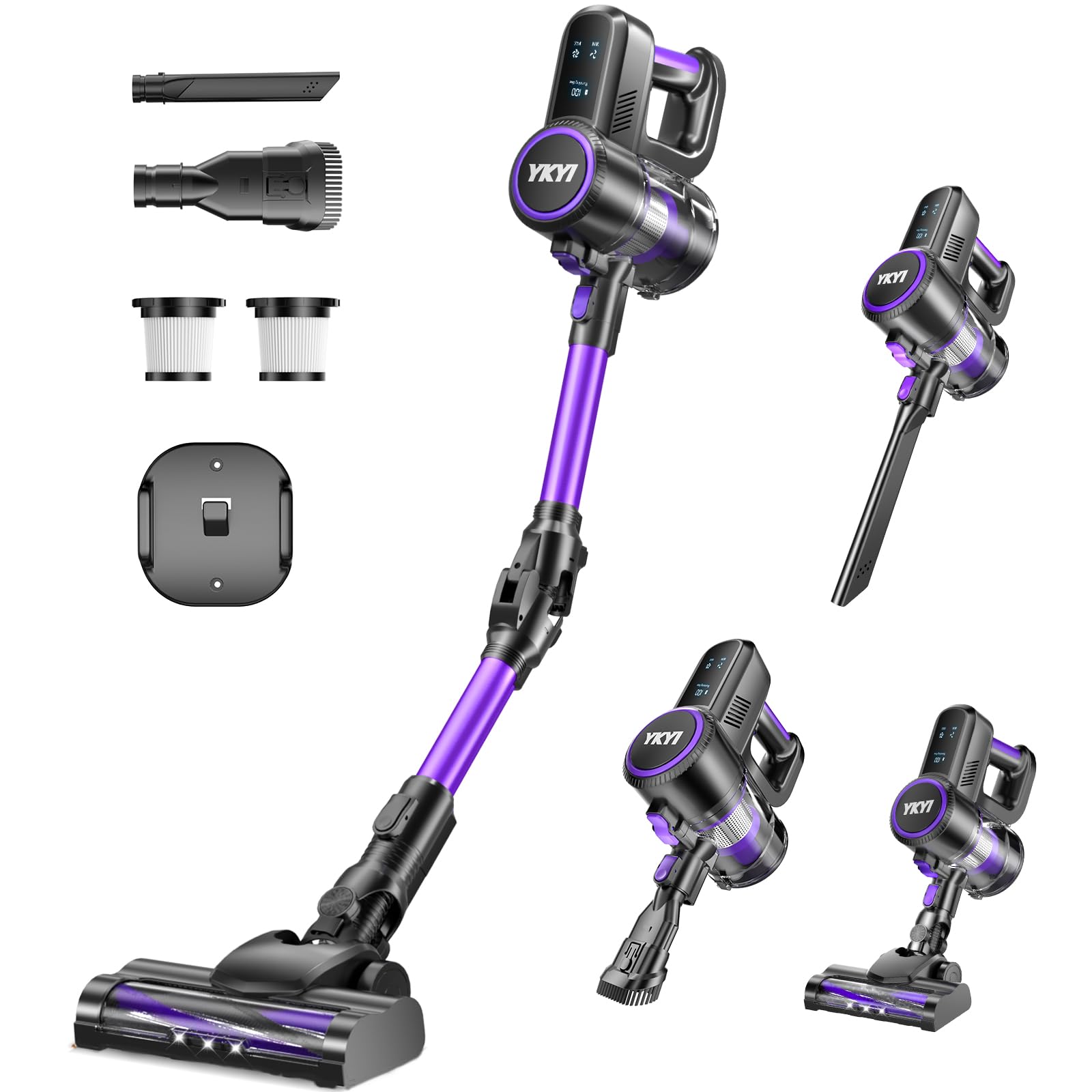 YKYI Cordless Vacuum Cleaner, 40KPa Suction 450W Motor with 2 Modes, 50-Min Runtime & Foldable Design, Cordless Stick Vacuum with LED Display for Home Hard Floors/Pet Hair (Purple)