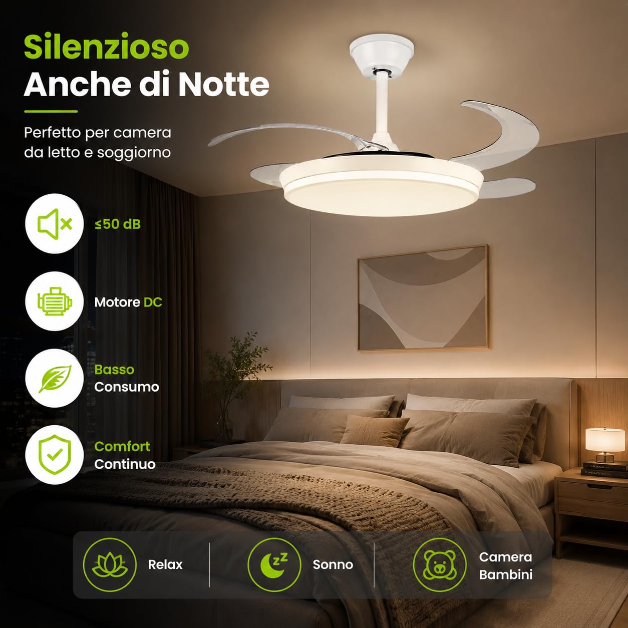 Ventilatore da Soffitto con Luce LED 36W e Telecomando | Pale Retrattili 106 cm | 6 Velocità Motore DC | CCT 3000K 4000K 6500K | Lampadario Ventilatore Moderno