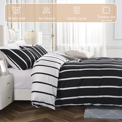Miniatura 5 de Lekesky Juego de funda de edredón tamaño Queen, 3 piezas, 100% microfibra a rayas, súper suave, estampado negro y blanco, reversible, diseño con