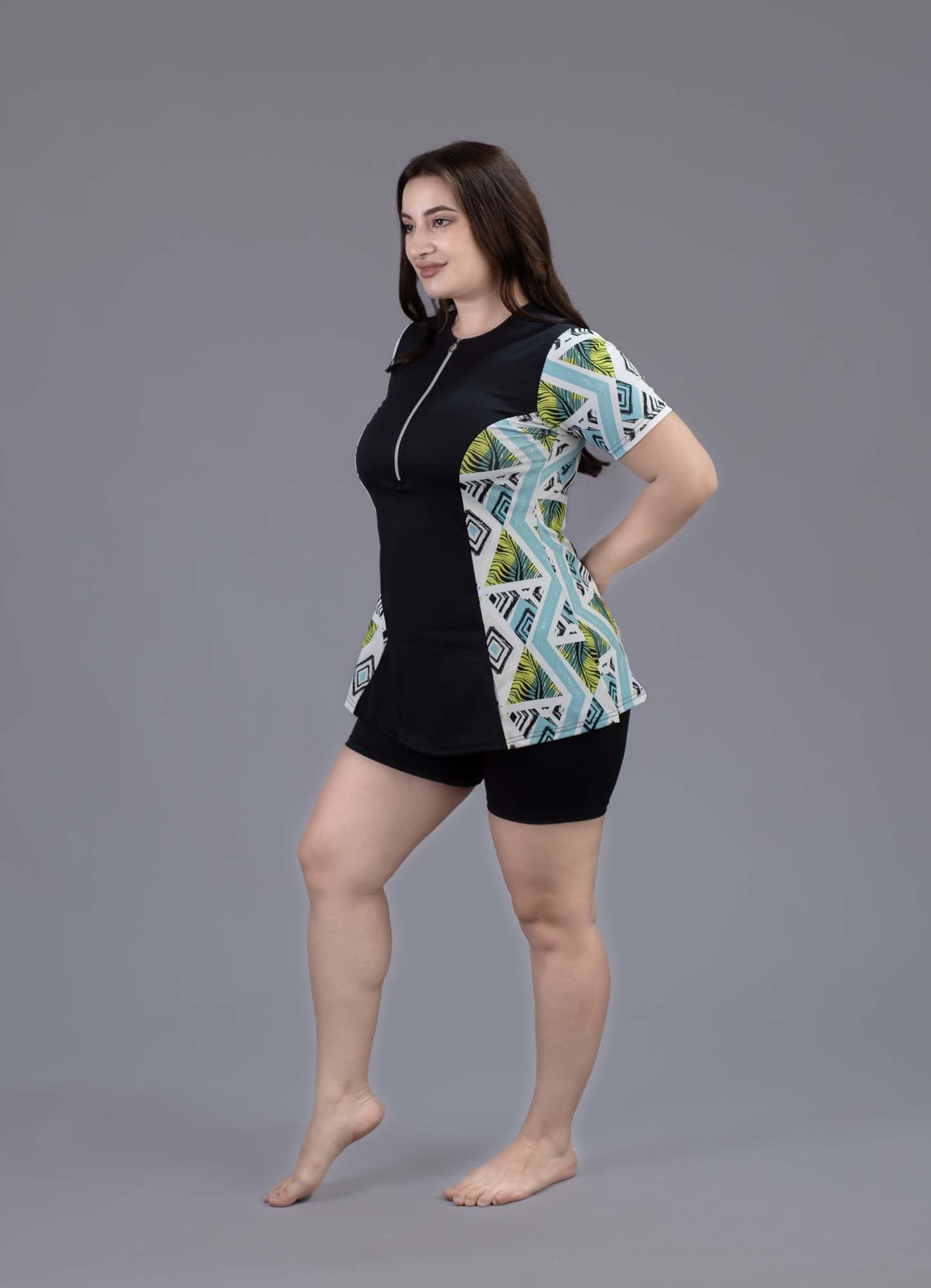 Keepfit Printed Medium Coverage geomatrical Printed 2 Piece Padded Plus Size Swimset for Women Turquoise Black |Swimming Suit for Women 1