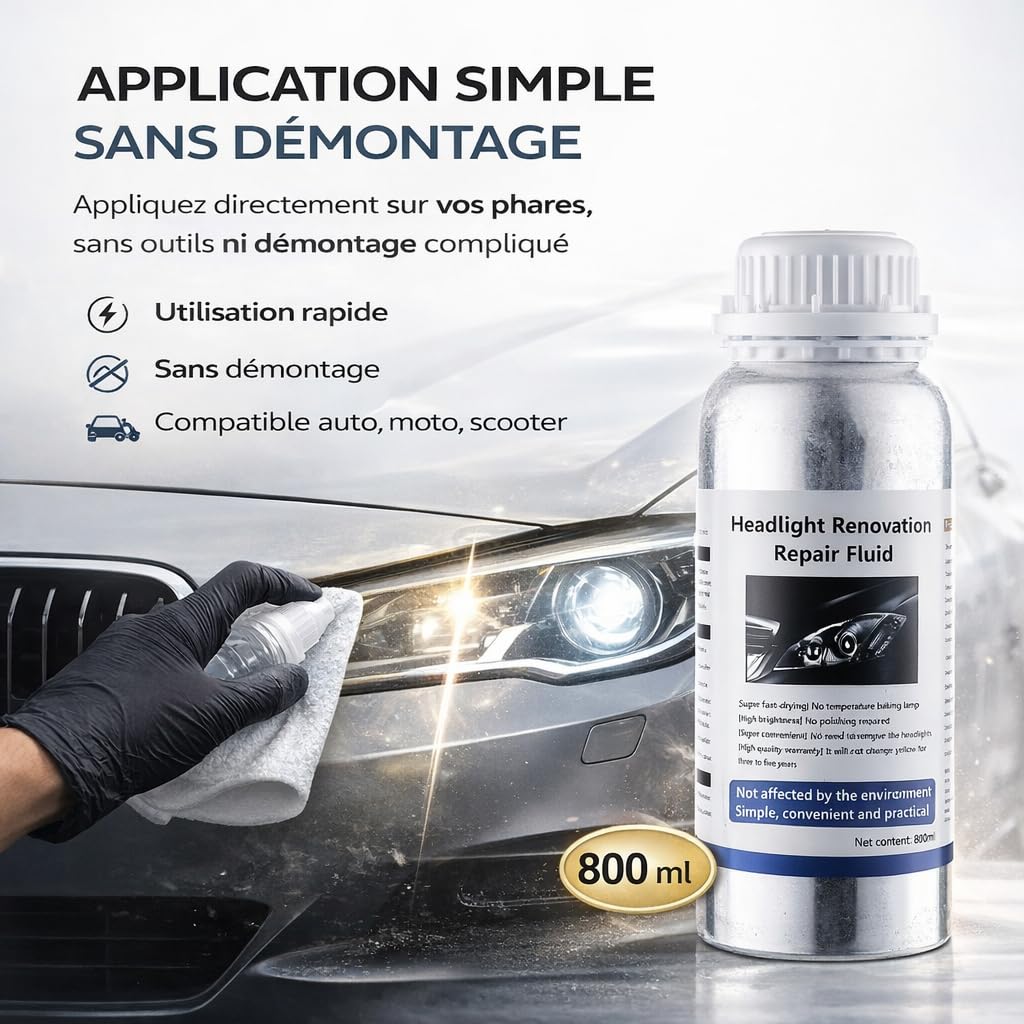 Liquide Rénovation Phares Voiture 800ml – Rénovateur Optiques Auto Anti Jaunissement, Polymère Réparation Phares Oxydés, Polish Phare Voiture Transparent (1 BOUTEILLE)