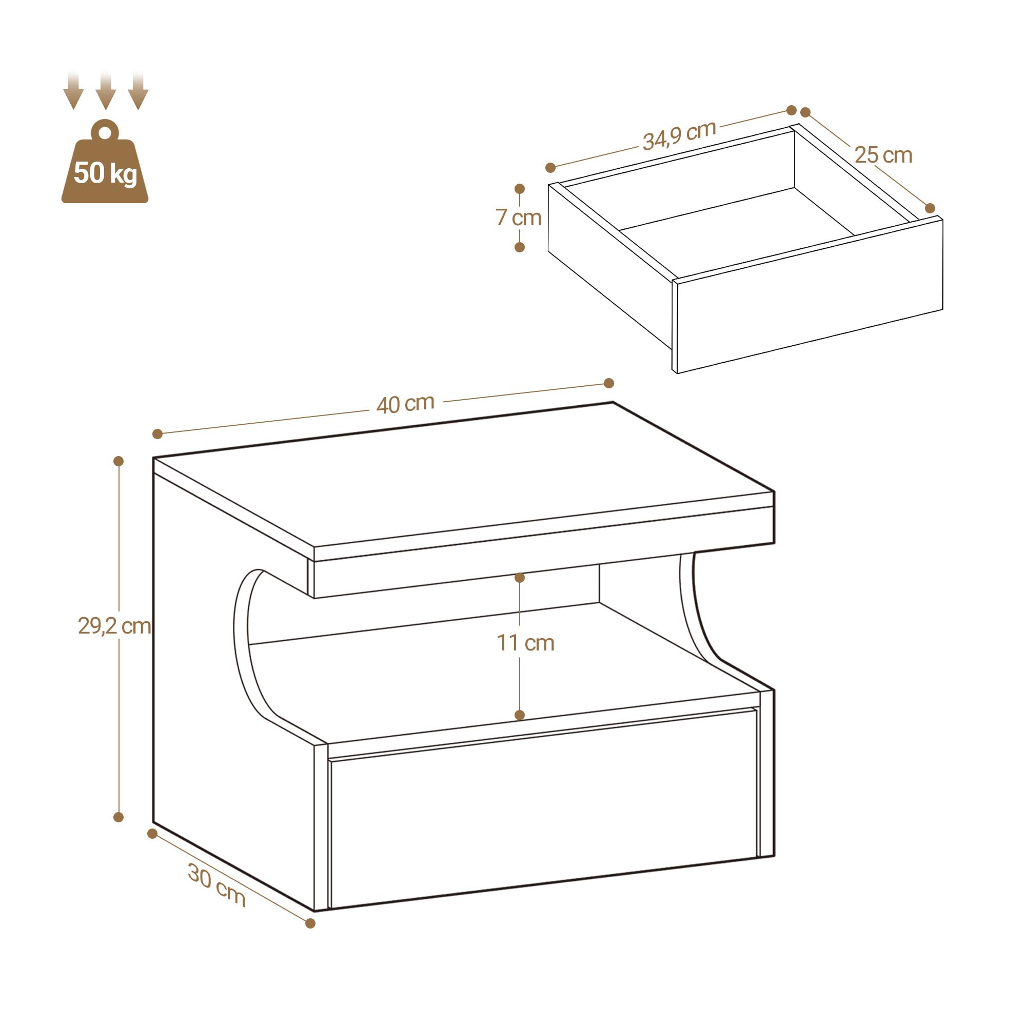 Hzuaneri Table de Chevet Suspendue Lot de 2, Table de Nuit Suspendue LED, Tables de Chevet Murale avec 1 Tiroir Coulissant avec Espace Ouvert, Moderne, pour Chambre à Coucher, Salon, Blanc NS50403XEU