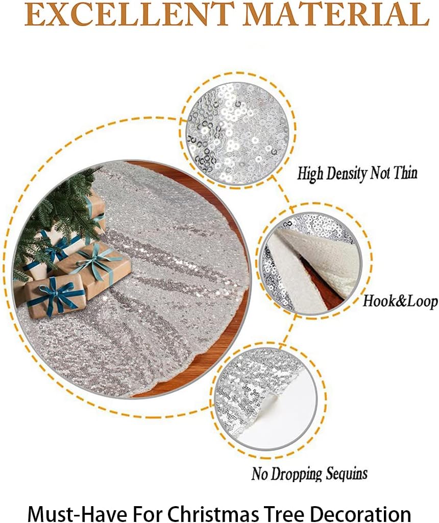 48'' Round Spakly Sequin Christmas Tree Skirt-Silver-1026E