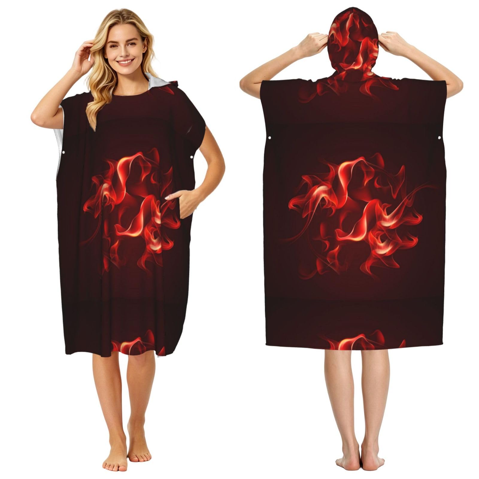 Poadnly Red Flame, Adult Hooded Beach Towel 90 x 110 cm,Changing Bath Robe, Surf Poncho Towel For Women Men