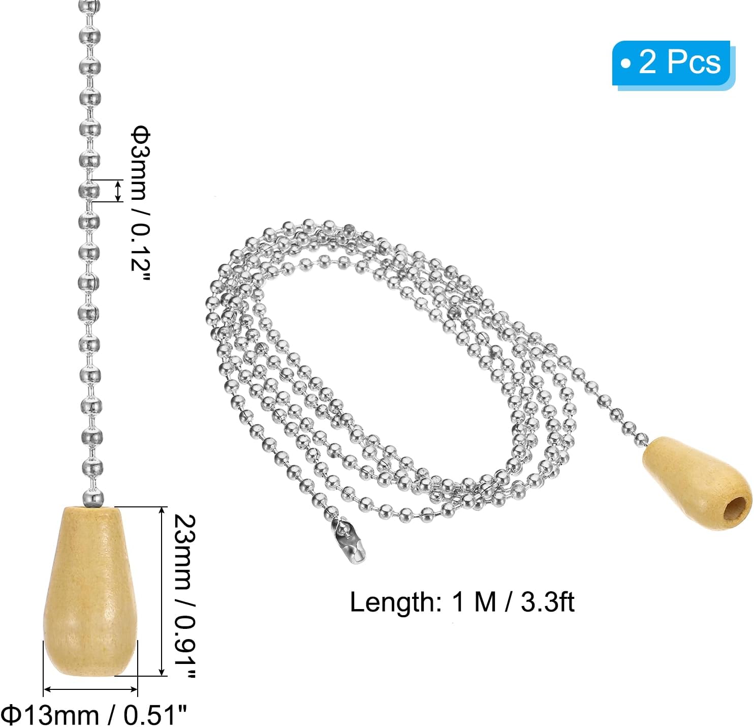 PATIKIL 1M 3.3ft Ceiling Fan Pull Chain, 2 Pcs Beaded Pulls Cord Extender Wooden Pendant for Fan Light Chandelier Table Lamp Pulling Switch, Silver Tone