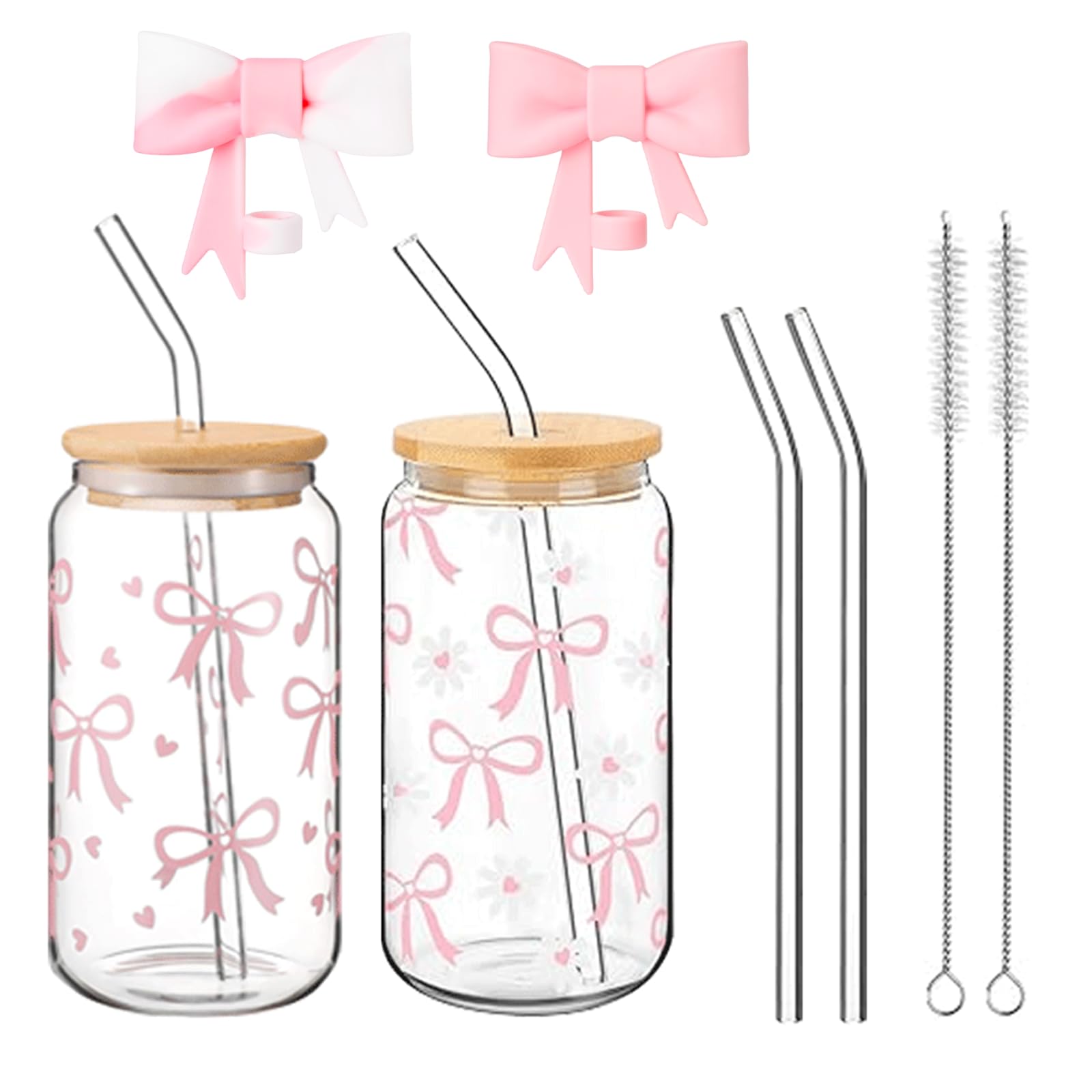 Lot de 2 tasses en verre avec nœud couvercles et pailles en silicone