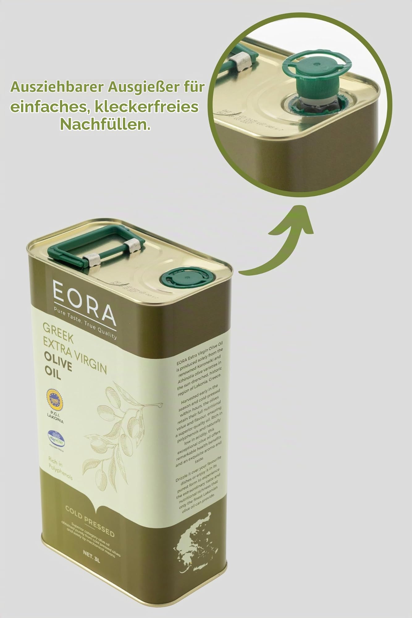 EORA Premium Griechisches Natives Olivenöl Extra 3L (Neue Ernte 25/26) – Hoher Polyphenolgehalt, kaltgepresst, sehr niedriger Säuregehalt ~0,35% – Einzelne Herkunft P.G.I. Lakonien, Griechenland