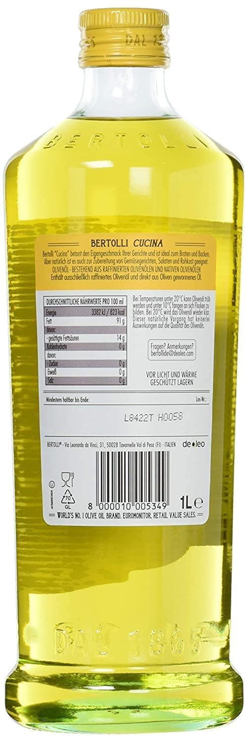 Bertolli Olivenöl “Cucina” – Mischung aus raffiniertem & nativem Olivenöl, ideal zum Braten & Kochen bis 210 °C, mild & vielseitig, mediterrane Küche, 1 L Glasflasche + Italian Gourmet polpa 400g