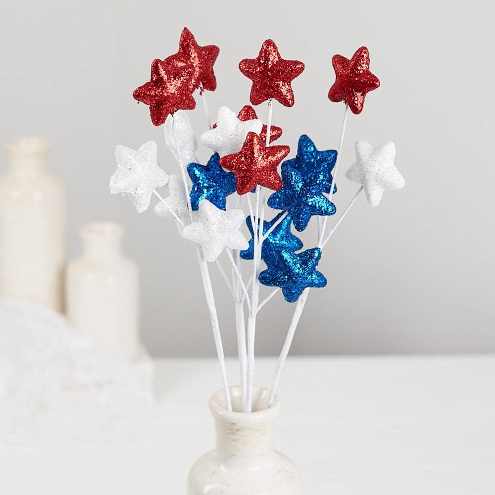 Pack of 6 Americana Glitter Star Picks - Sparkly Red, White and Blue Star Stems for 4th of July, Memorial Day, Patriotic, Flower Arrangements, Centerpieces, Wreaths, and Decorations (19")