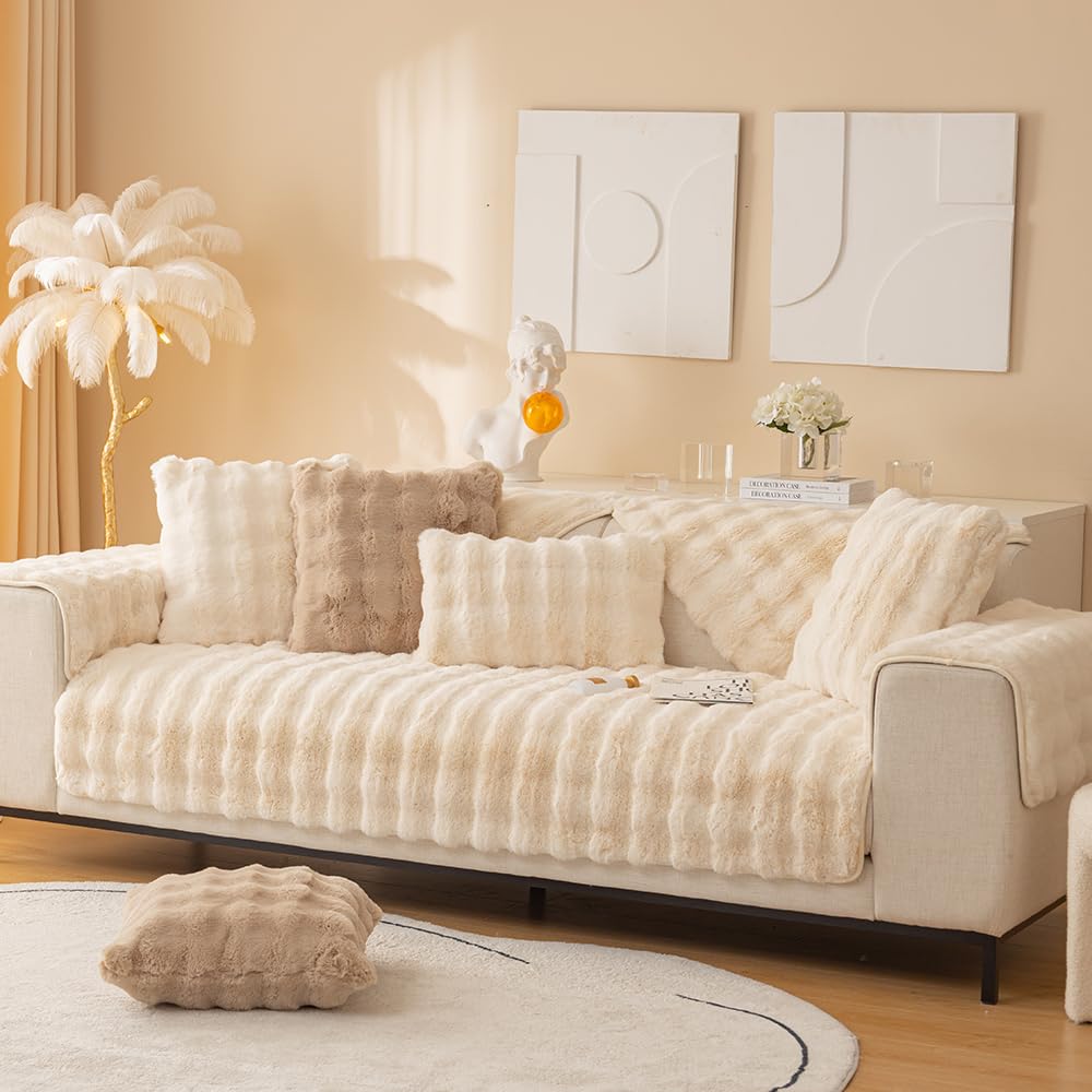 CANYUE Thick Rabbit Plush Sofa Covers, Non-Slip Sofa Slipcovers, Furniture Protector Sofa Covers for 3 Cushion Couch Loveseat Recliner L Shaped Armrest Backrest (Milk white,110x160cm)