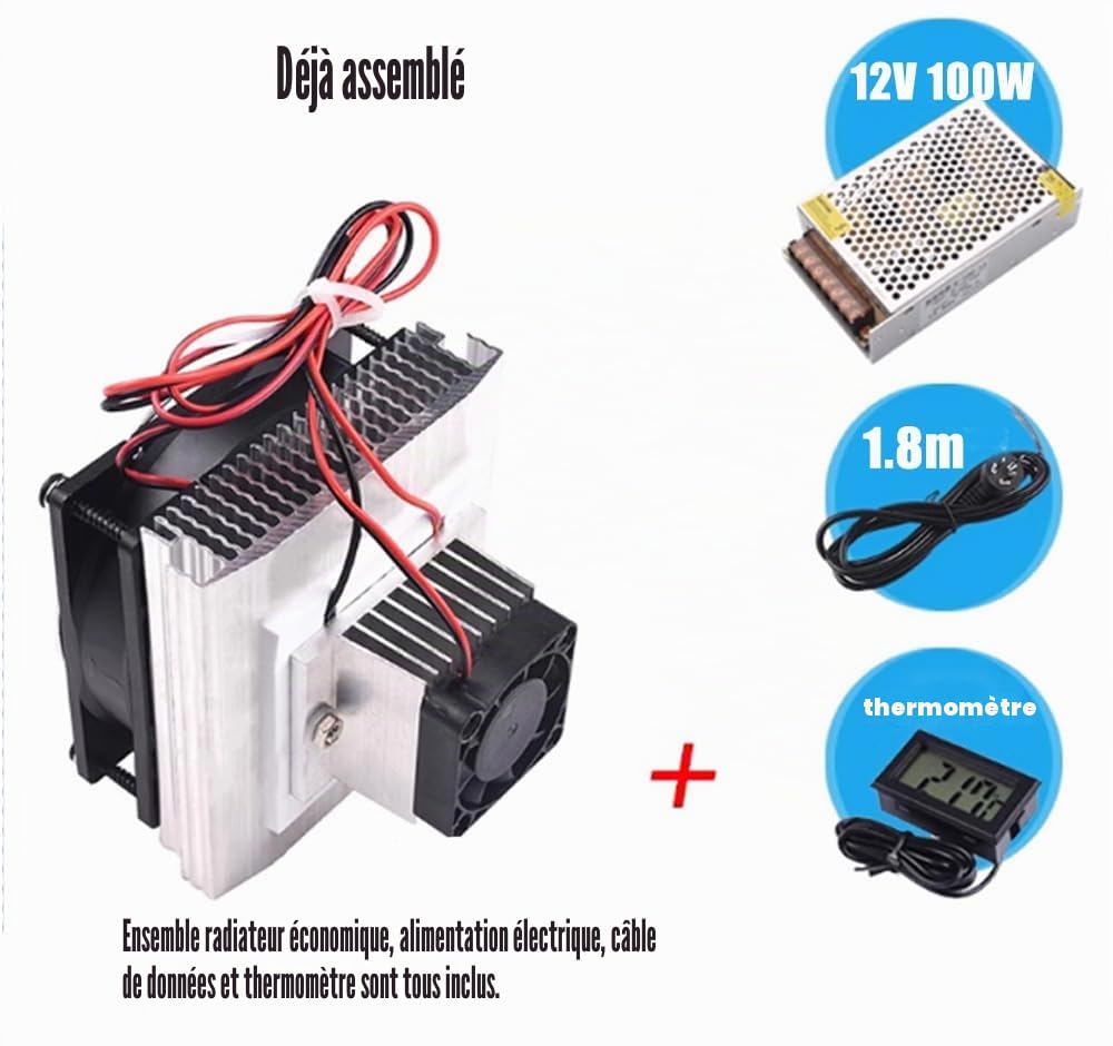 Mini climatiseur thermoélectrique Peltier DC 12 V avec dissipateur de chaleur + interrupteur d'alimentation 12 V 78 W + thermomètre avec sonde