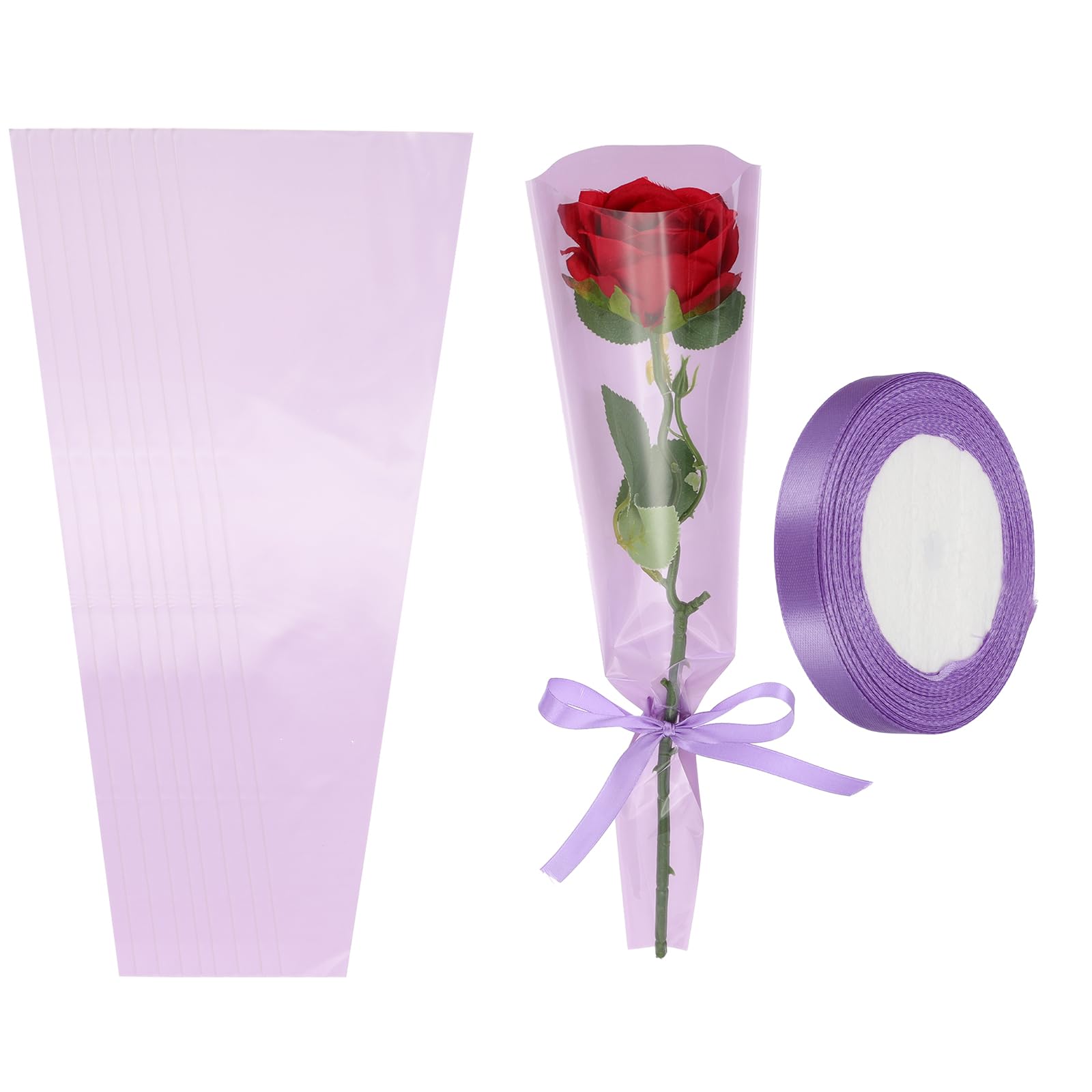PATIKIL 50 Pack Flower Wrapping Bag, Light Purple Floral Packing Sleeves with Ribbons Cute for Bouquets Wedding Birthday Graduation Anniversary Arrangement Gift, 17.7"x4.7"x1.2" — image 1