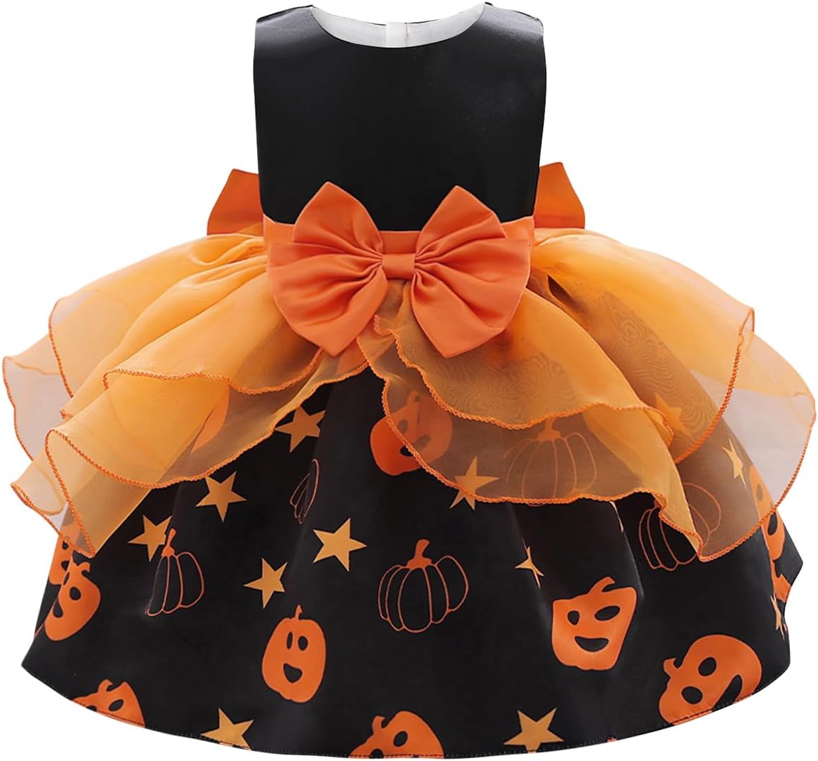 AGQT Toddler Girls Halloween Dress Pumpkin Print Tutu Dresses with Bow | Bowknot Mesh Puffy Princess Gowns, Sleeveless, Suitable for Halloween, Birthday, Party, Pageant, Photoshoot, Easter, Prom