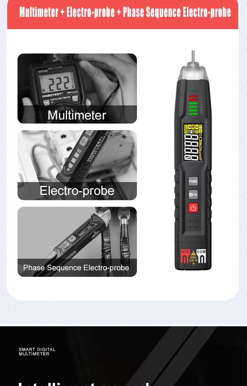 HABOTEST HT122 Multimeter showing its functions as a multimeter, electro-probe, and phase sequence electro-probe.