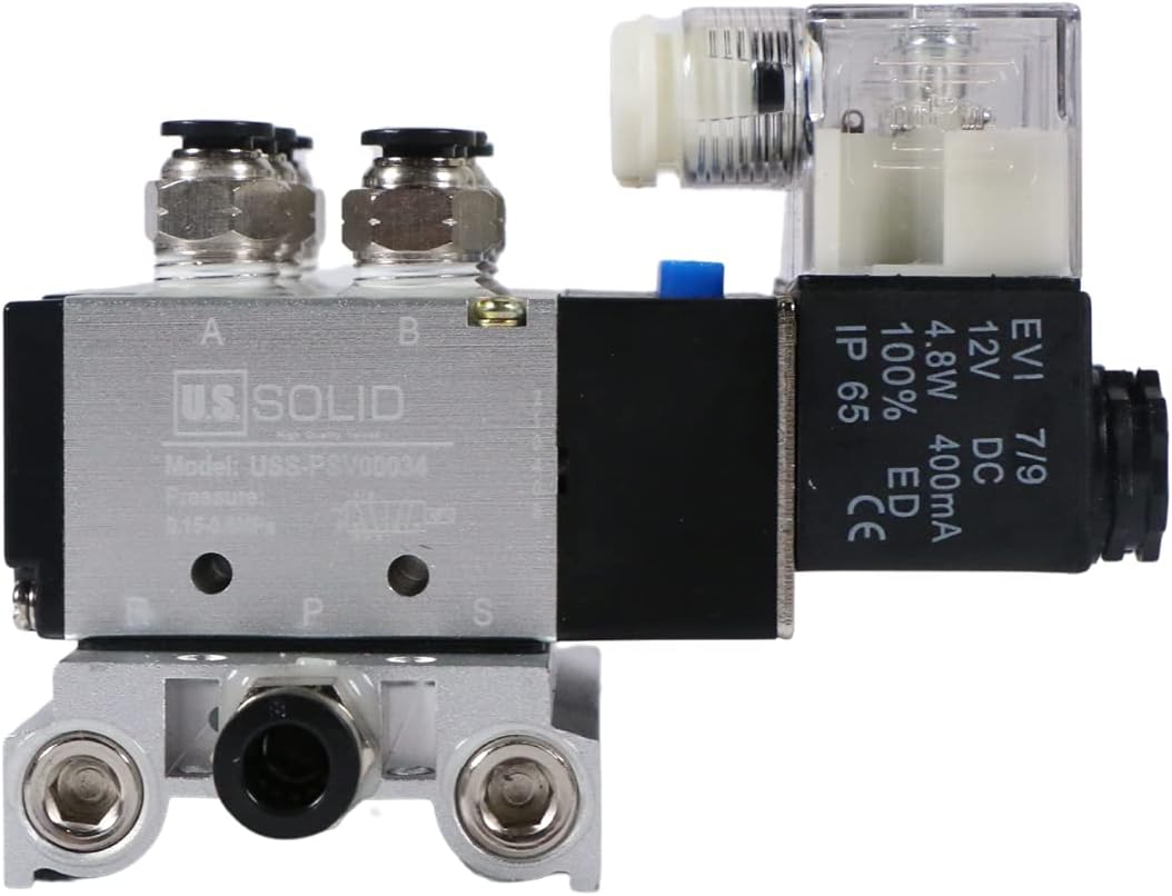 U.S. Solid 4V210-08 3 Pneumatic Solenoid Valves 1/4" 2 Position 5 Way Manifold Base, DC 12V