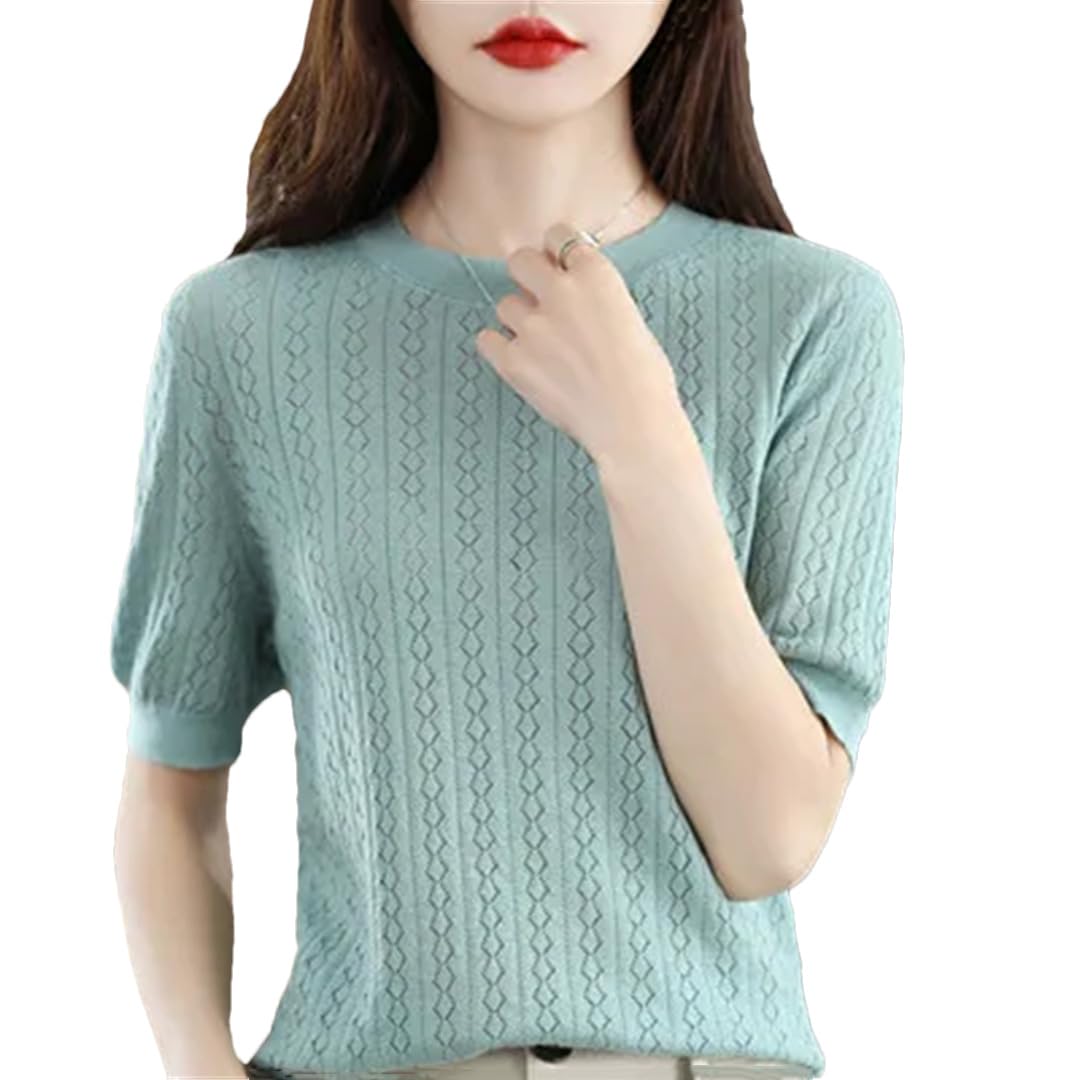 Maglietta estiva da donna, a maniche corte, casual, tinta unita, traforata, con scollo rotondo