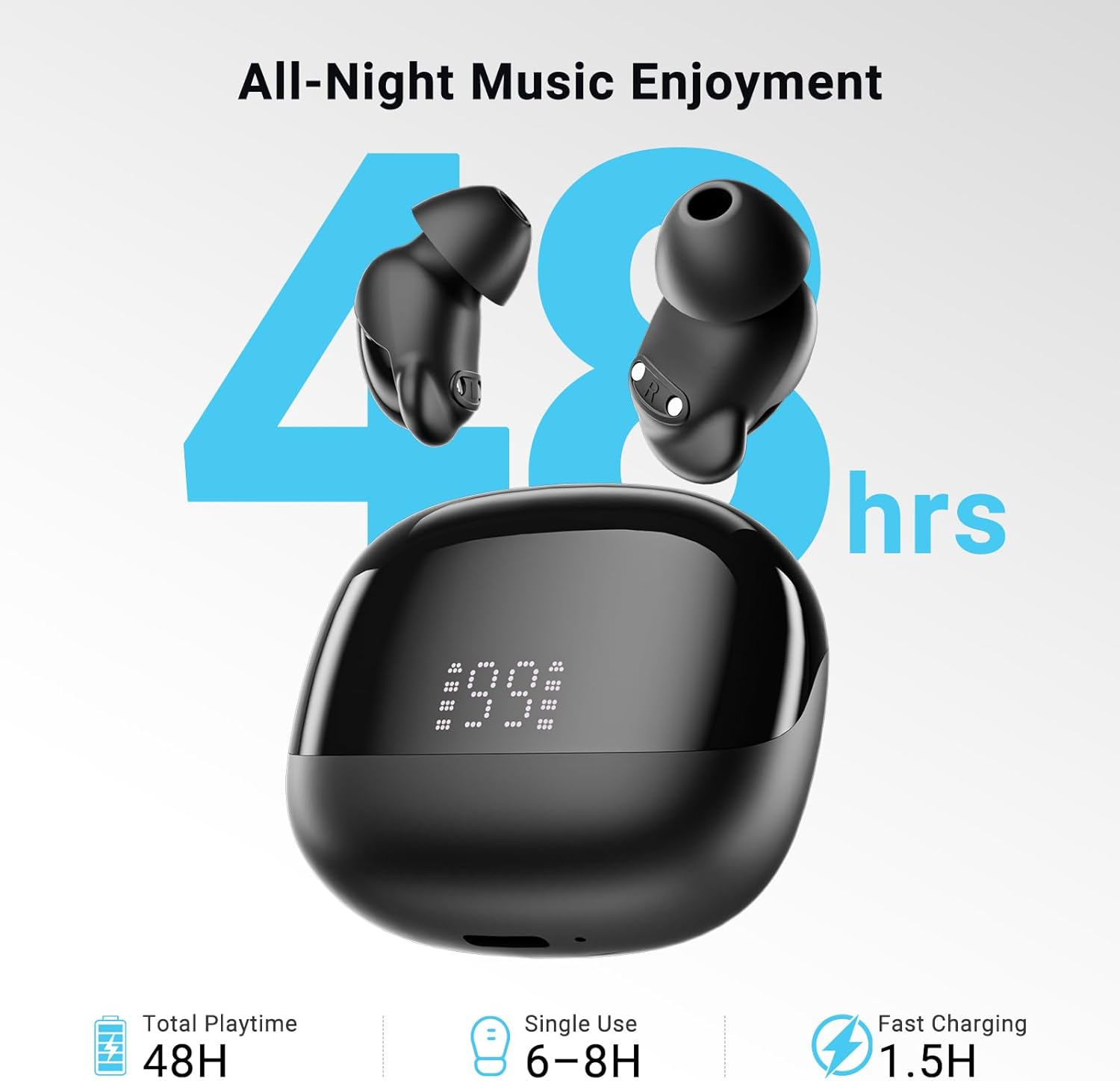 T33 Sleep Earbuds, Bluetooth 6.0 Noise Cancelling Sleep Headphones for Side Sleepers, ANC Up to 98%, Sleep Mode, 48H Playtime, Small Earbuds Comfort Fit for Sleeping, Travel, Work, Black