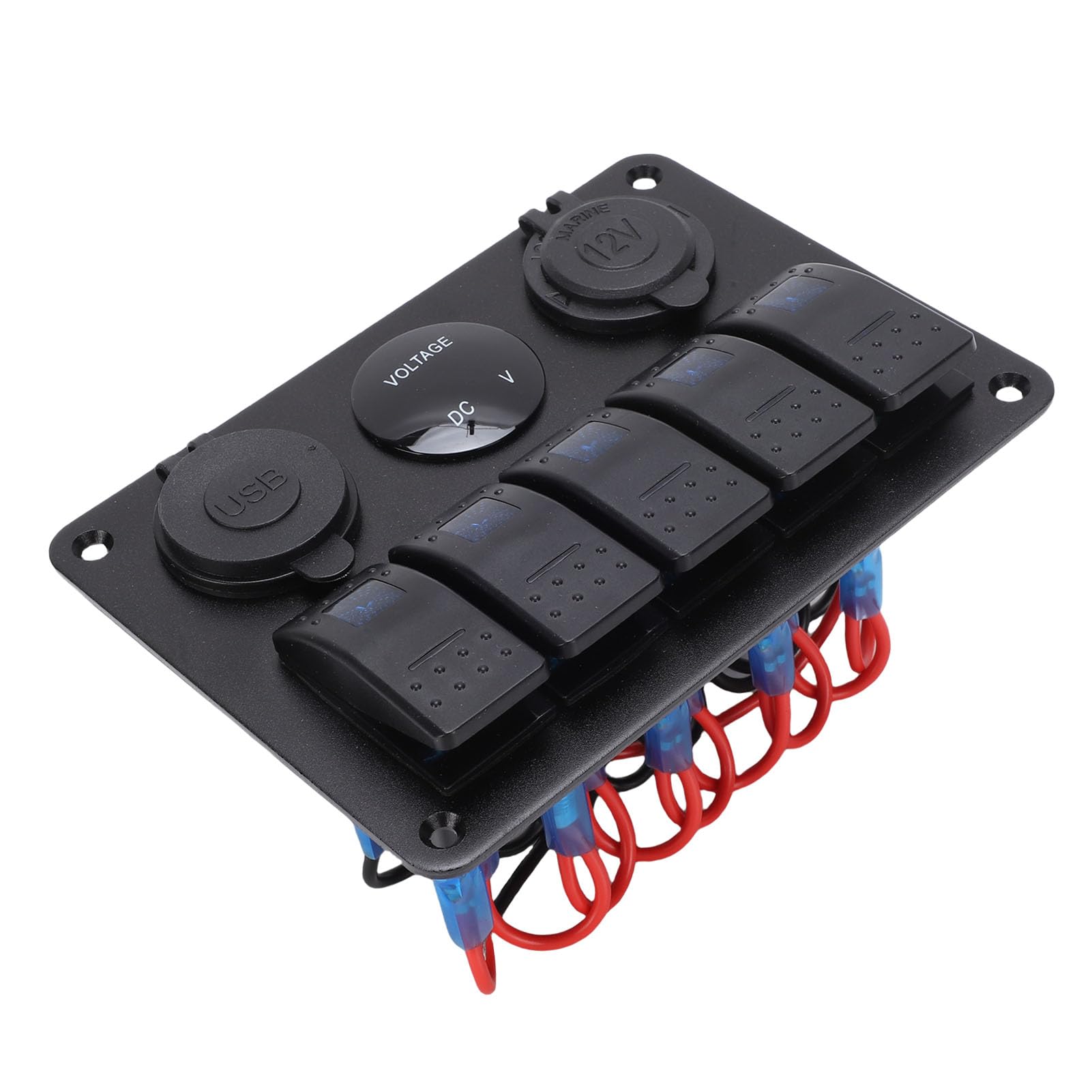 Panel Przełączników 5-krotnych, ładowarka z Podwójnym Portem USB, Woltomierz Cyfrowy, Gniazdko 12 V, Aluminiowy Panel Przełączników z Niebieskim Podświetleniem, Idealny do Samochodów