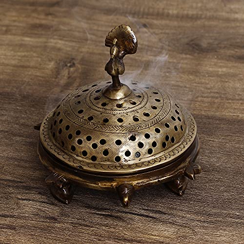 Image of eCraftIndia Golden Brass Peacock Decorative Dhoop Holder Incense Burner for Home Temple Pooja Mandir | Incense Holder Gift for Diwali Housewarming