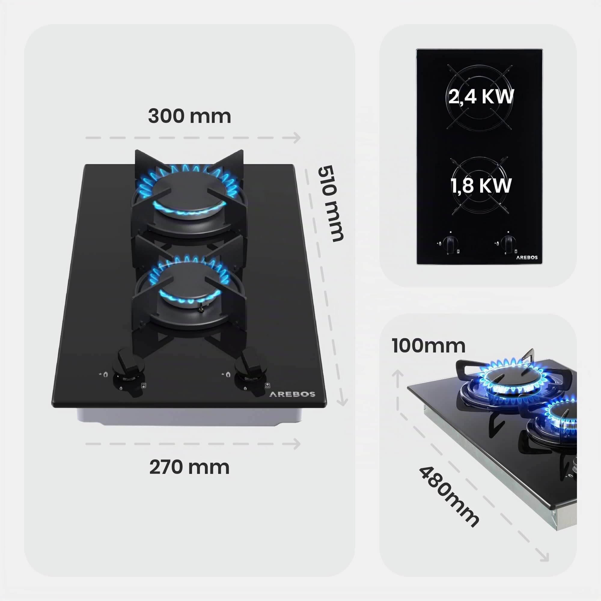 Arebos Placa de gas 30 cm 2 quemadores | Vidrio templado | Empotrable con soportes de hierro fundido | Compatible con gas natural y propano | Encendido seguro integrado