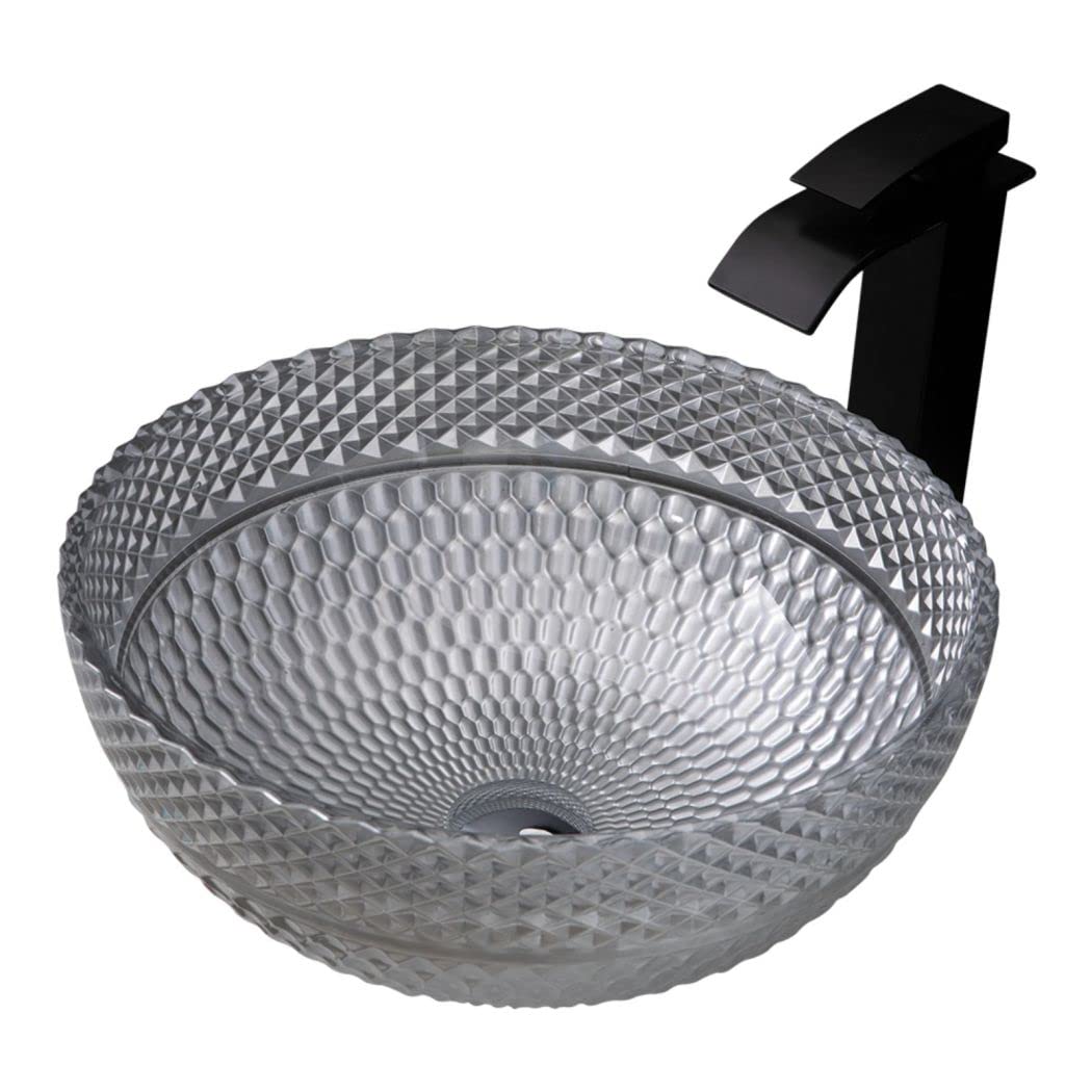 Lavabo de Recipiente Lavabo de baño de Vidrio Templado Lavabo de baño sobre encimera Lavabo de baño Forma de tazón Lavabo de tocador de baño Tapas con combinación de Drenaje, Gris, Solo Lavabo