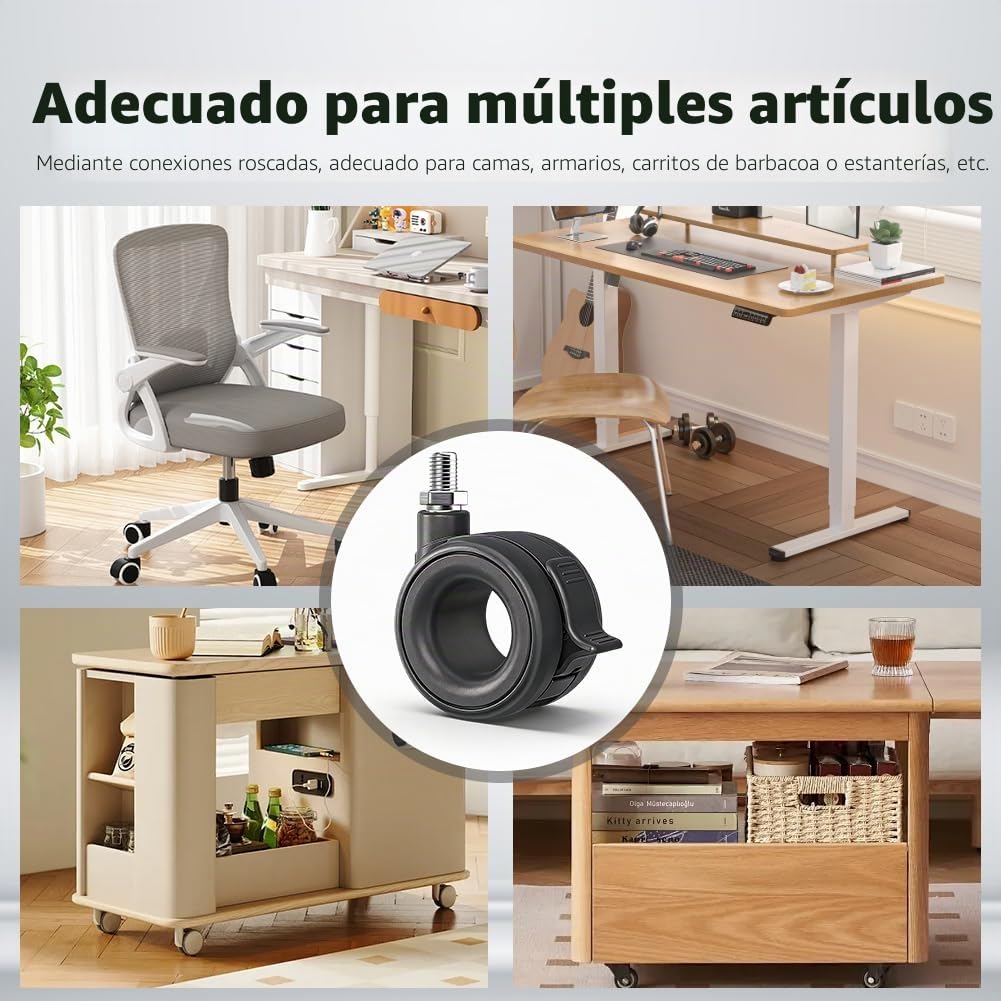 Ruedas para muebles con freno, juego de 4 ruedas, ruedas de transporte, ruedas de carga pesada negras, hasta 80 kg de capacidad, ruedas giratorias de ø65 mm con perno de rosca M8, ruedas para muebles