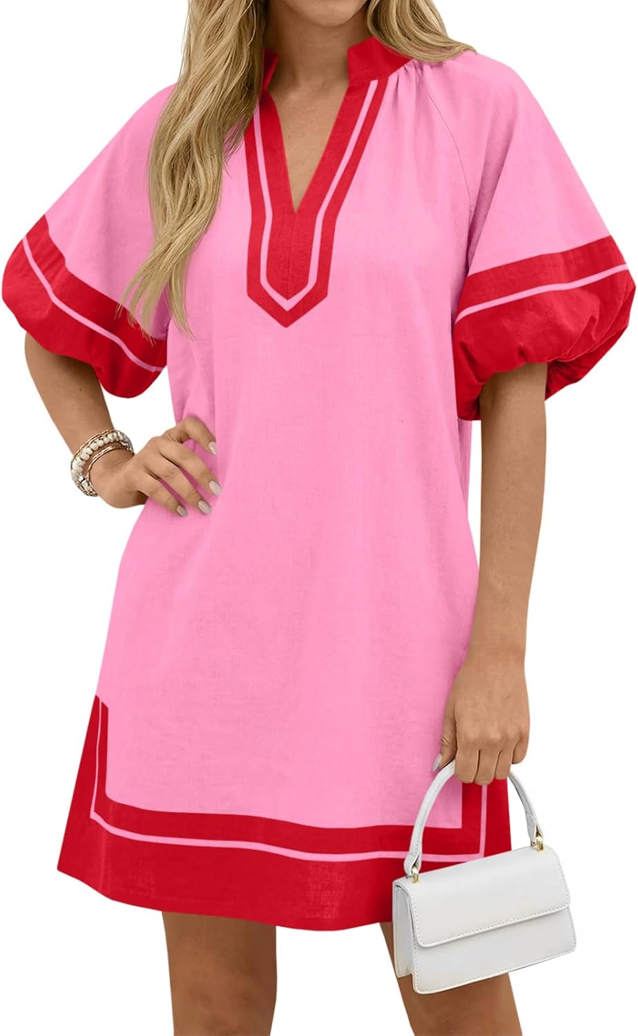 Wenrine Womens Summer Mini Dress Puff Sleeve Casual V Neck Color Block Side Slit Loose Shirt Dresses with Pockets