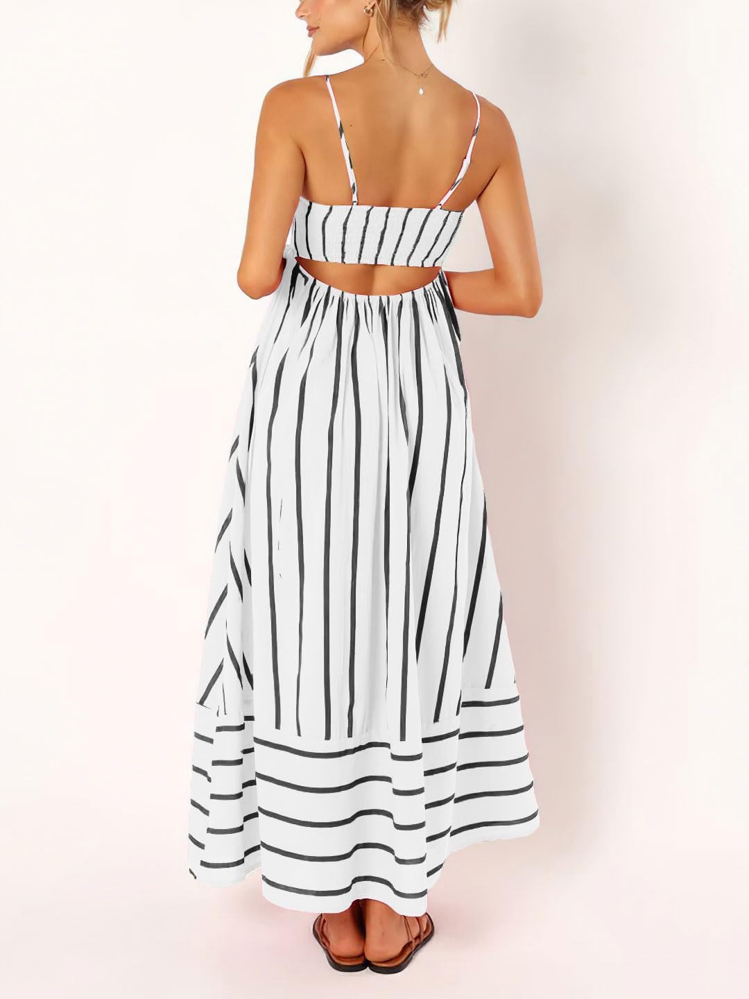 chouyatou Women's Striped Back Smocked Maxi Dress Sexy Spaghetti Strap Cut Out Flowy Swing Long Dress - Image 2