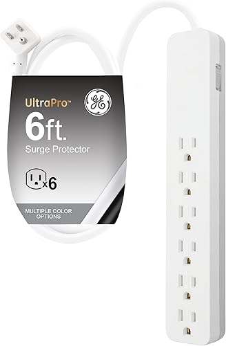 GE Protector SurGE de 6 tomas, cable de extensión de 6 pies, 540 julios, enchufe plano, interruptor de circuito integrado, montaje en pared,