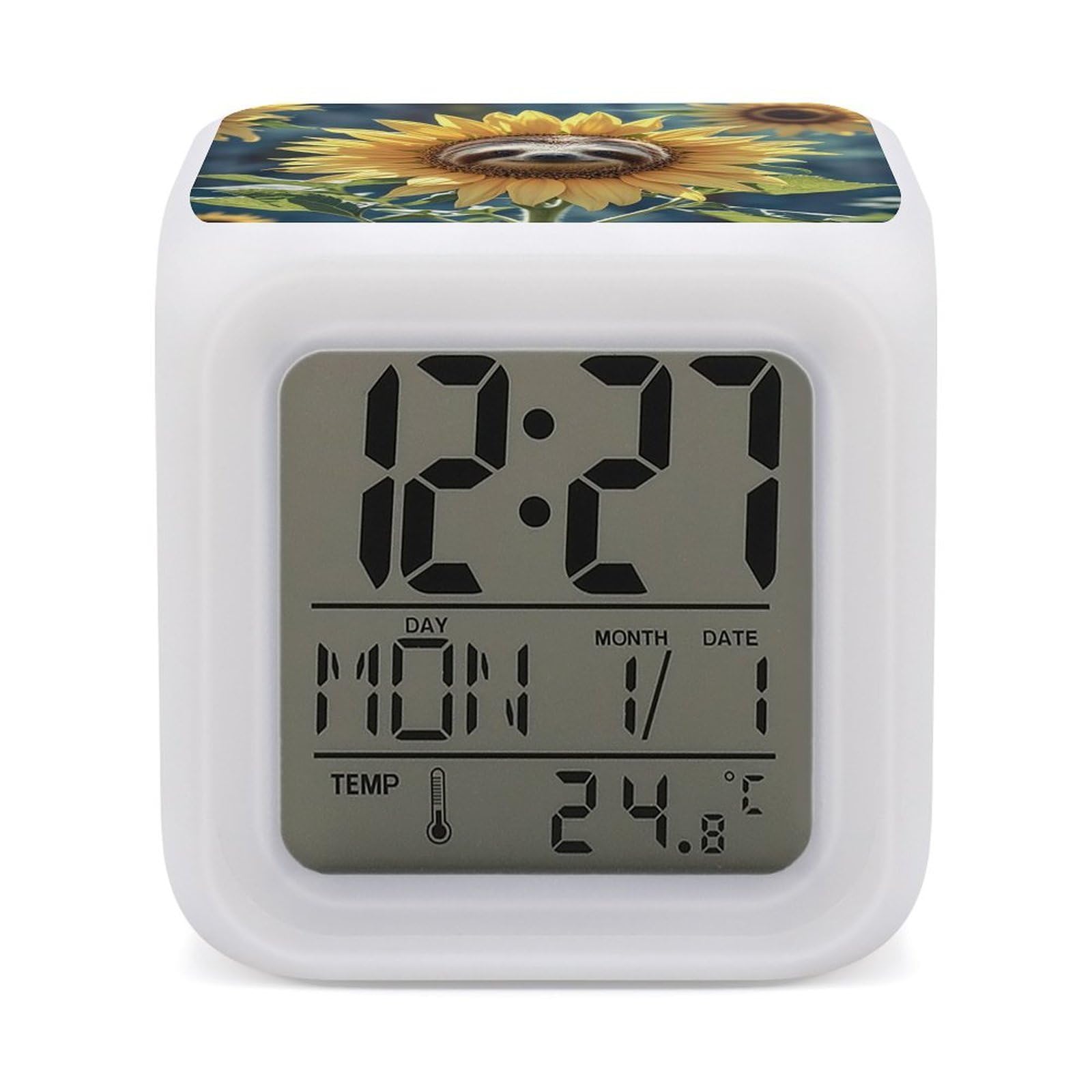 LZQPOEAS Sloth Sunflower Alarm Clock Desk Clock with 7 Color Changing Night Light Digital Clocks with Temperature Display Sleep Training and Sound Machine for Heavy Sleeper