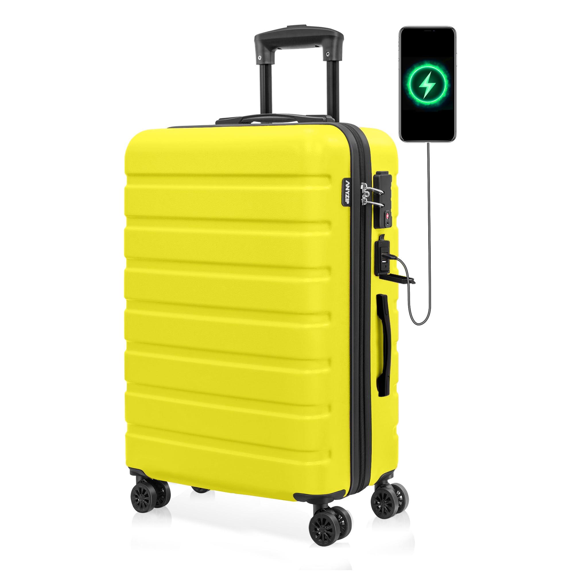 Luggage AnyZip PC+ABS Hardshell Suitcase with 4 Universal Wheels TSA Lock Checked-Medium 24 Inch with USB Charging Port (Yellow)