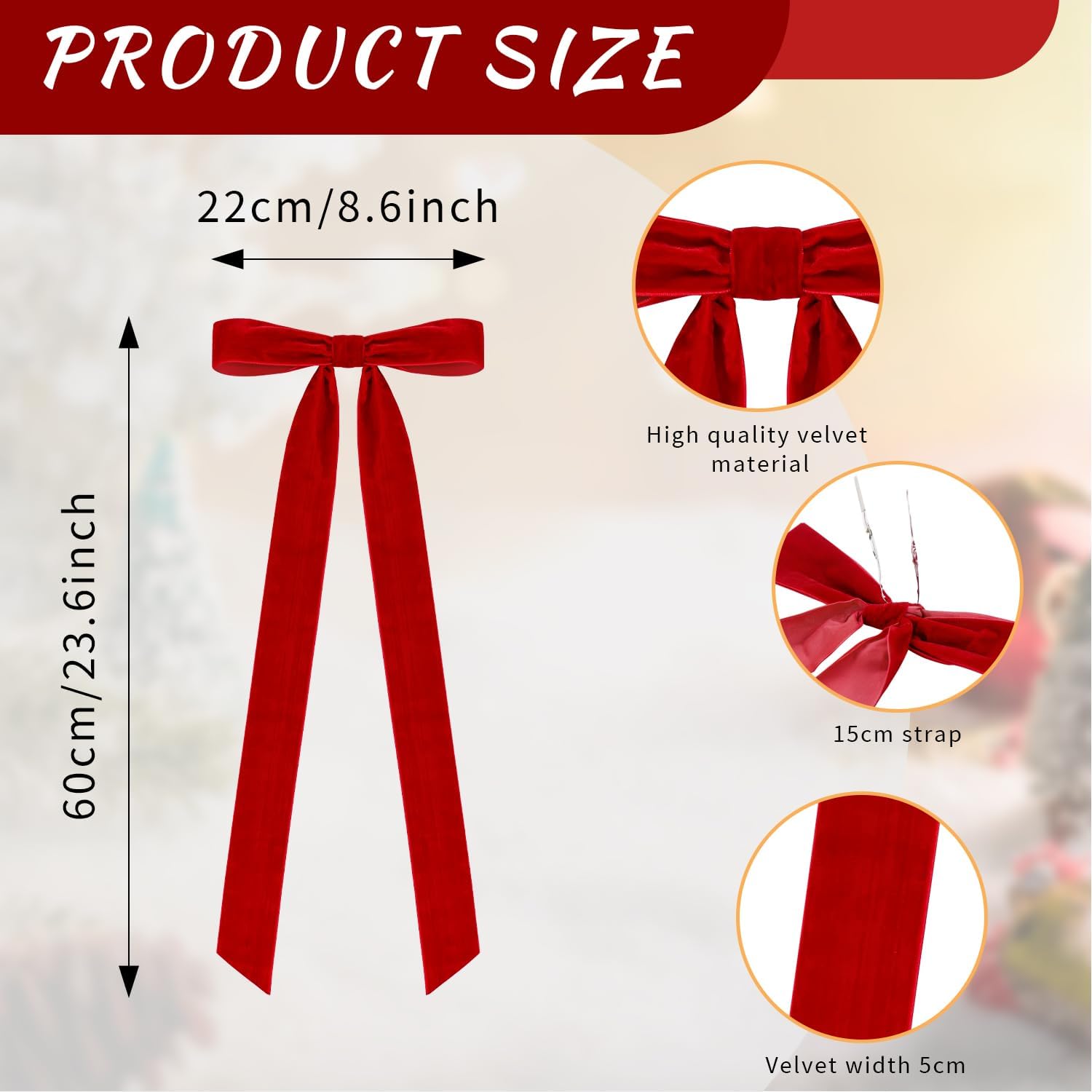 4 Pcs Rustic Large Velvet Bows Christmas Decorations - 23.6 x 8.66 Inch Vintage Ribbon Bow for Xmas Tree Topper Wreath Garland Fireplace Mantel Staircase Wedding Home Decor (4, Red)