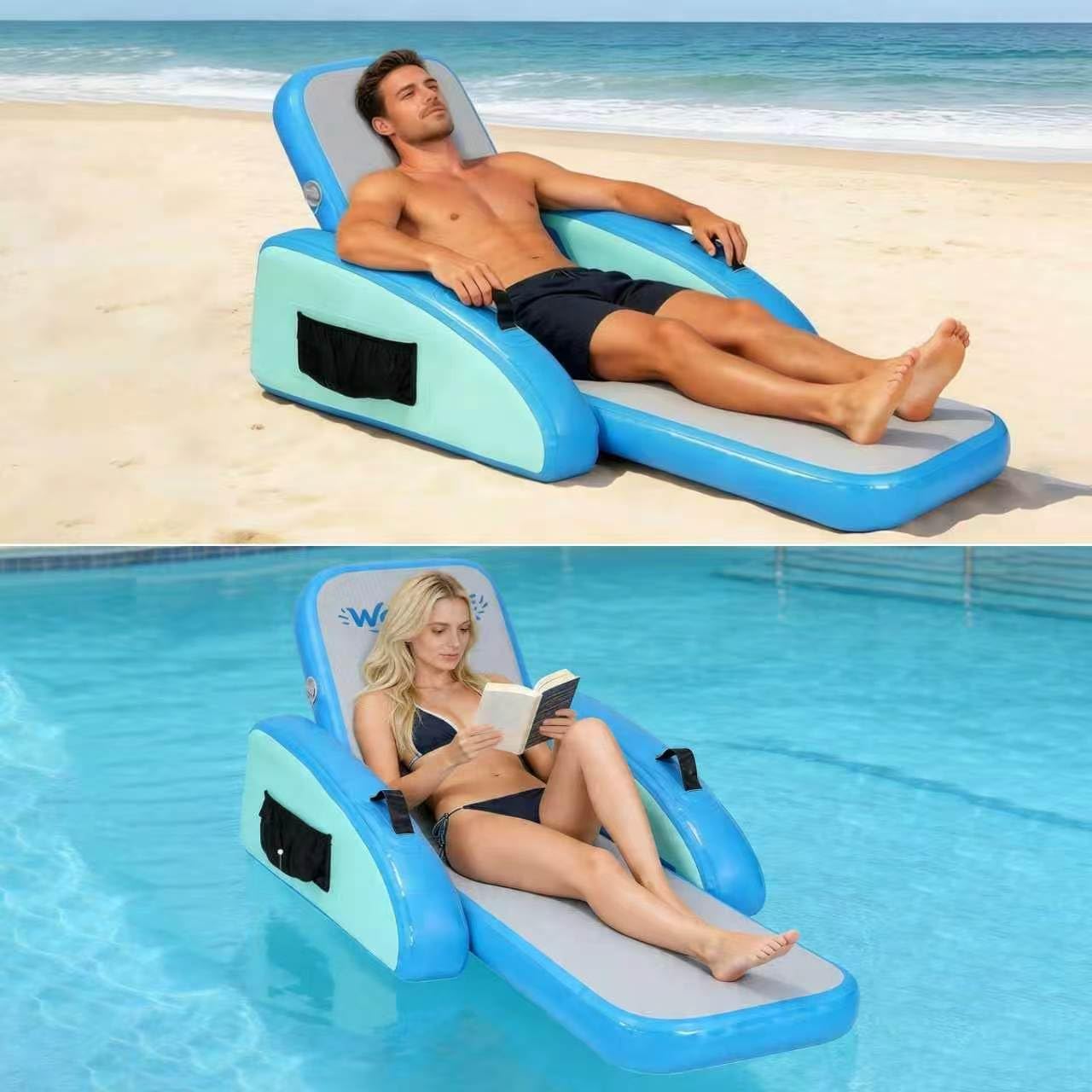 Inflatable Pool Chair Float for Adults, Heavy Duty Drop-Stitch Water Lounge Chair with Backrest, Armrests and Cup Holder, 300 LBS Capacity, Folding Design