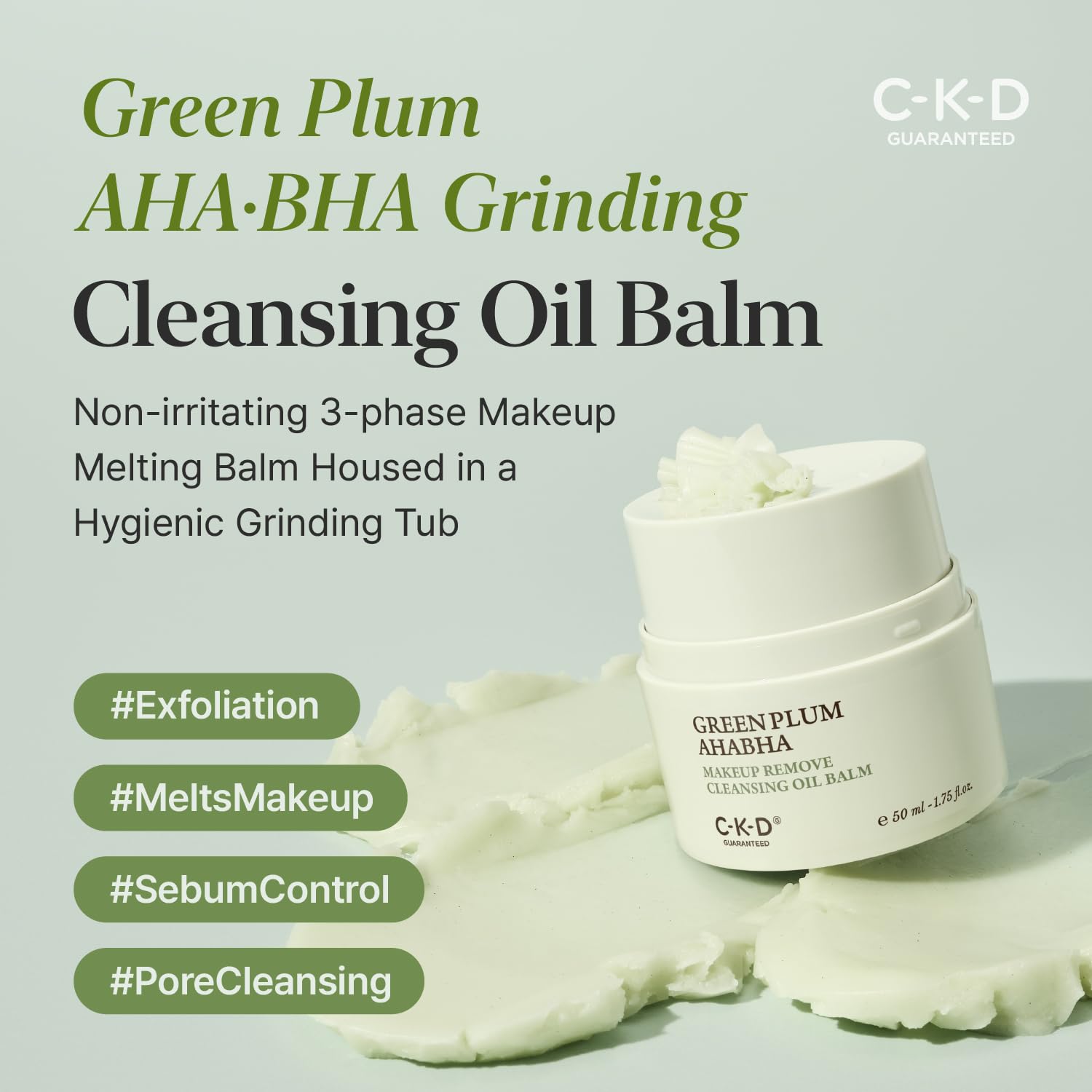 CKD Green Plum AHA·BHA Grinding Cleansing Oil Balm - Sherbet Balm Korean Cleanser for Makeup, Sebum & Blackhead Removal. Exfoliating with 4-Acid Complex for All types of Skin. 1.75 fl oz - Image 2