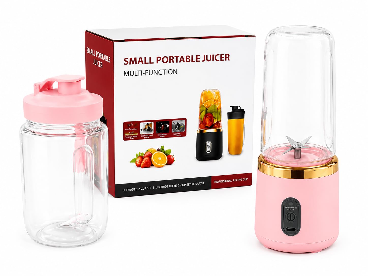 Small Portable Juicer Blender with USB Charging, Pink | Multi-Function, Sharp 6-Blade, Includes Travel Bottle, Double Click Start, USB Rechargeable-image-40
