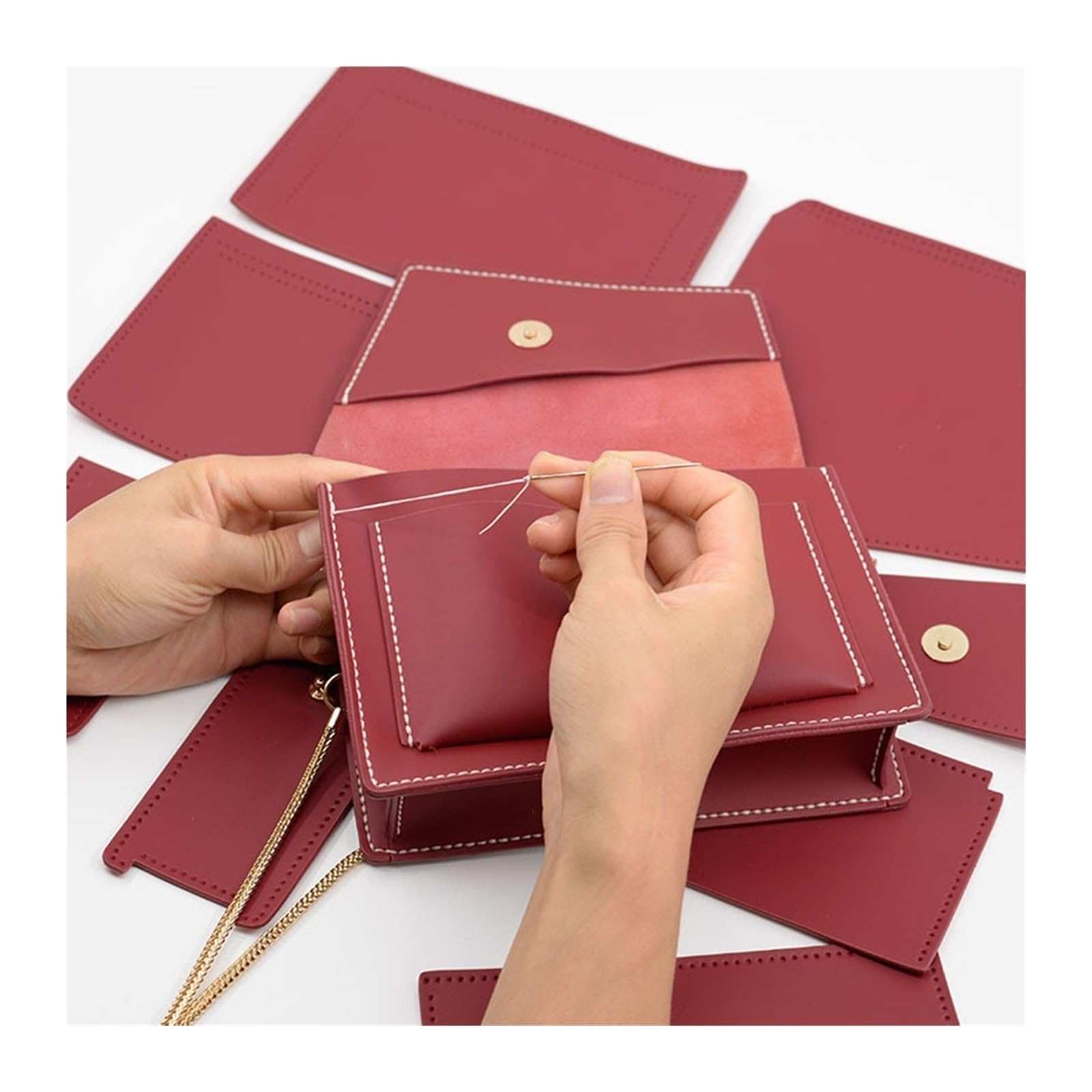 Kit Para Hacer Bolsos Conjunto de Material cuero for lápiz labial, maquillaje, teléfono, bolso hombro, DIY hecho a mano(Red color)