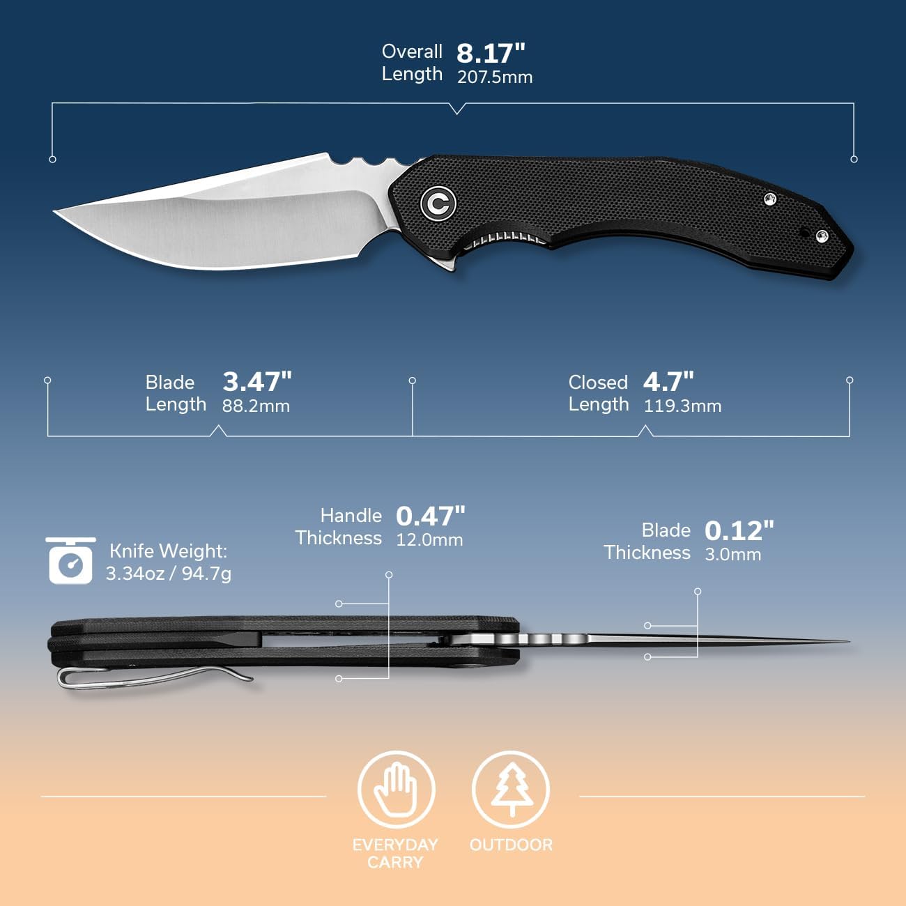 CIVIVI Bluetick Folding Knife for EDC, Pocket Knife with 3.47" 14C28N Blade G10 Handle, Utility Knife for Outdoors Indoors C23050-1