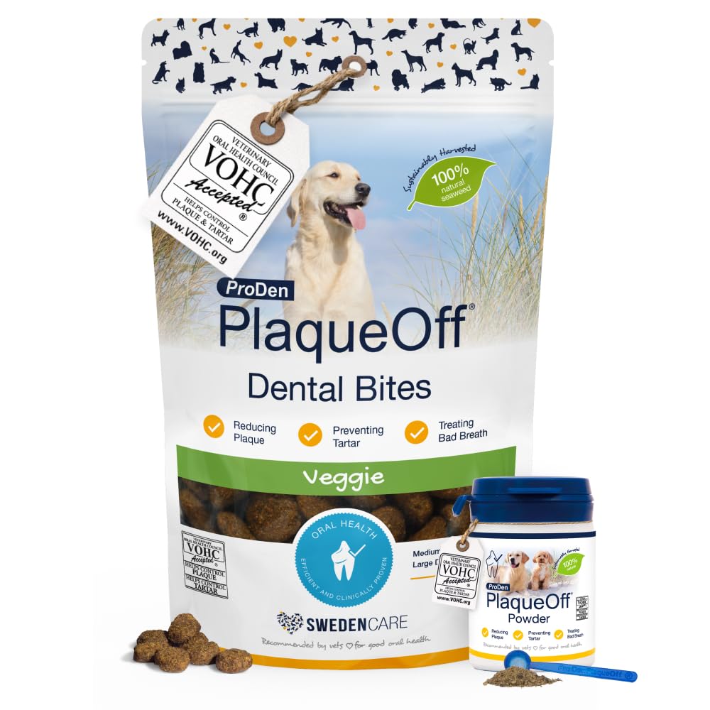 ProDen PlaqueOff Cura Dentale per Cani – Set con Polvere Dentale 60g e Dental Bites 150g per Cani di Taglia Grande | Aiuta a Ridurre Placca, Tartaro e Alito Cattivo | Clinicamente Testato