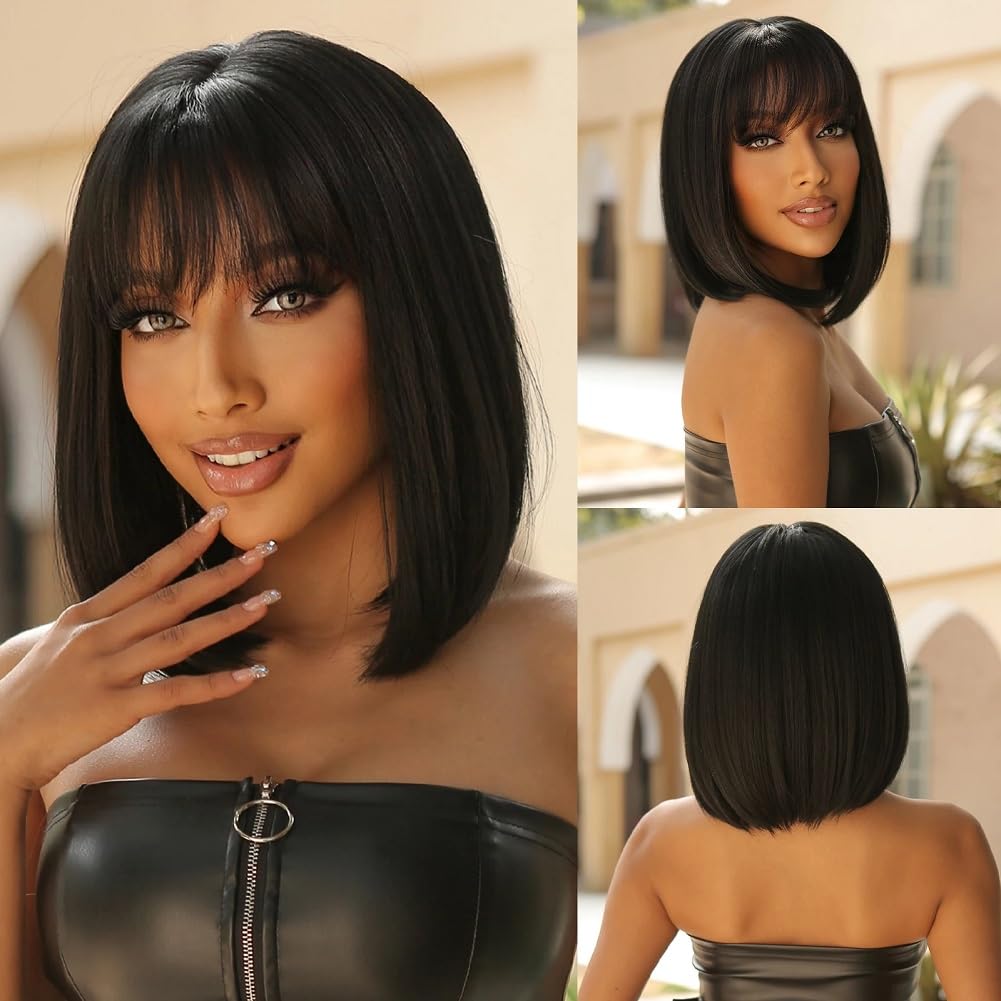 Parrucca Donna Capelli Veri Umani 10 Pollici (25 cm) Parrucche Capelli Veri Con Frangia Brasiliani Parrucca Bob Corta Liscia Straight Human Hair Wigs Densità 180% Nero Naturale