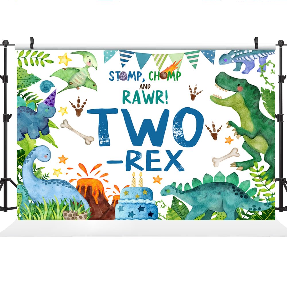 Lofaris 7x5ft Blue Dinosaur Second Birthday Backdrop Two-rex Cartoon Green Palma Leaves Photography Background for Kids Boy Party Decoration Supplies Cake Table Decor Banner Photobooth Props