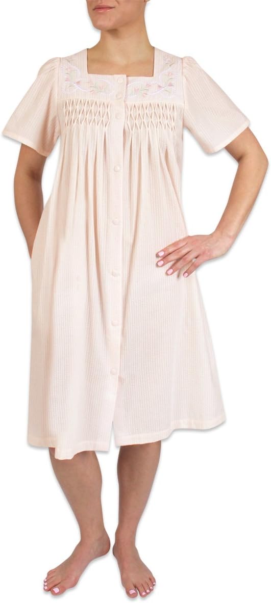 Heavenly Bodies Seersucker Robe, Short Coverup With Soft Lightweight Fabric For Summer and Easy On and Off Snap Front, Peach, Large