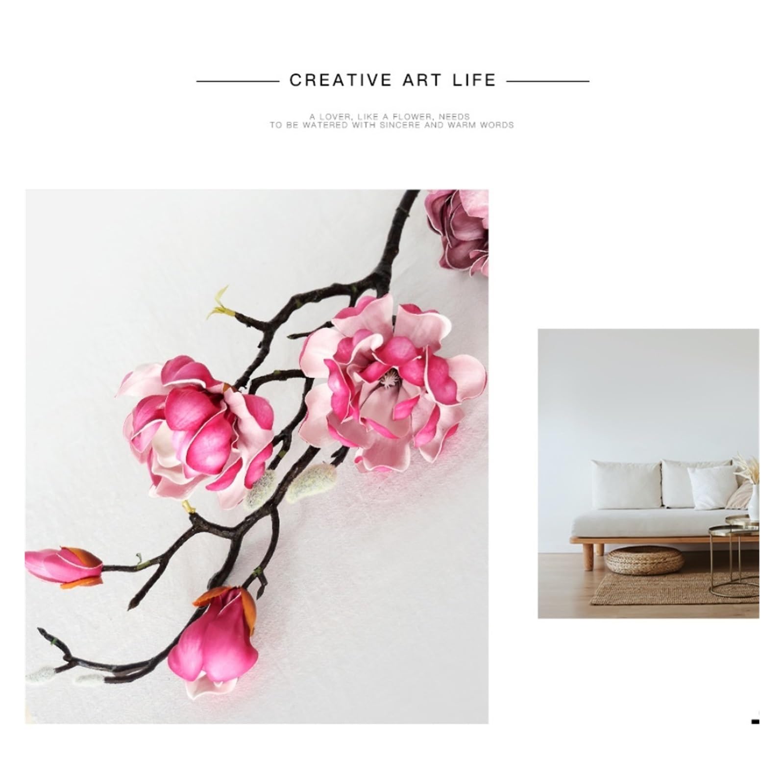 2 Stück künstliche Magnolienblütenzweige aus Latex, die Sich echt anfühlen, Yulan Magnolienstiel for Hochzeit, Zuhause, Blumendeko Kunstblumen(Blanc)