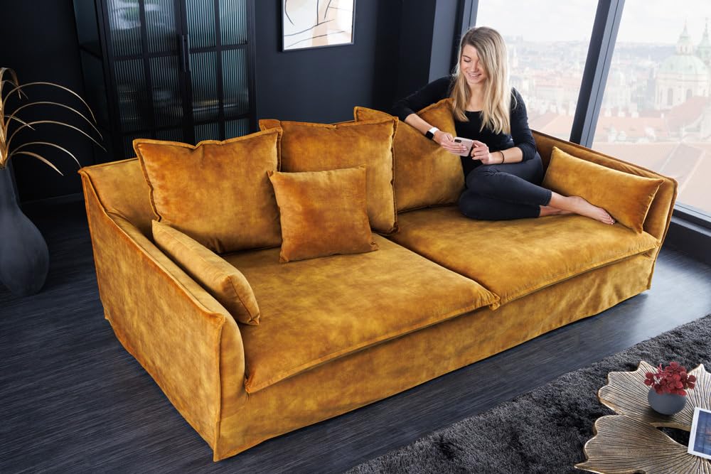 3-Sitzer Sofa HEAVEN - 200cm - senfgelb - Samt - Federkern Hussensofa