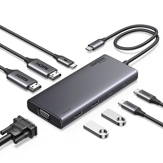 UGREEN Revodok Pro 3081, USB C Hub Triple Display Docking Station Dual HDMI, VGA, 10Gbps USB C& A Data Port USB C Dock for Dell XPS Thinkpad and More