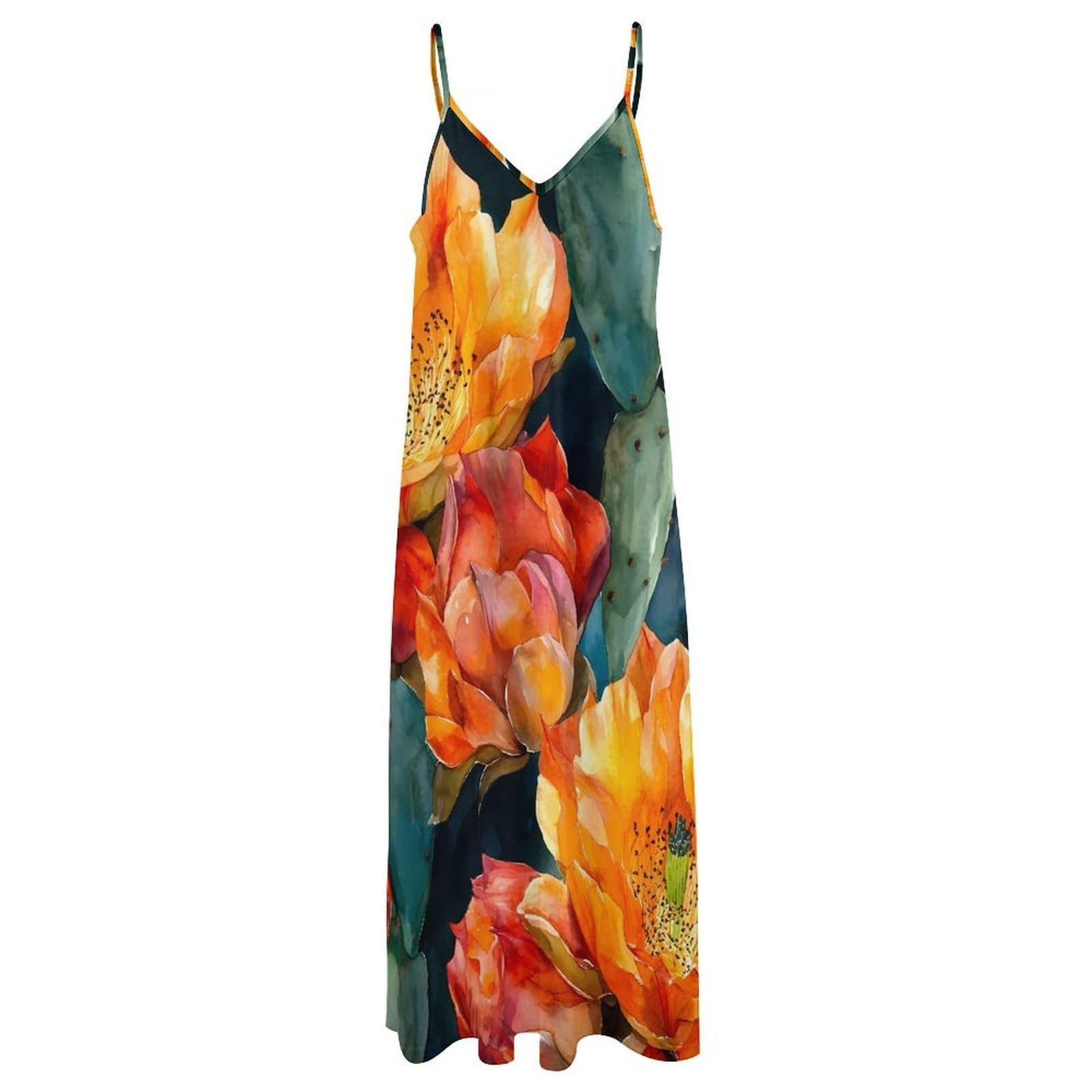 Vestido largo casual con estampado de flores de cactus naranja para mujer, con tirantes delgados ajustables, vestido de playa