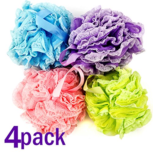 Bath Blossom Shower Loofah Loufa Sponge Pouf Puff Large Size (4 Pack) Luffa - Great for Body Wash, Back and Body Scrubber - Exfoliating Suitable for Men and Women