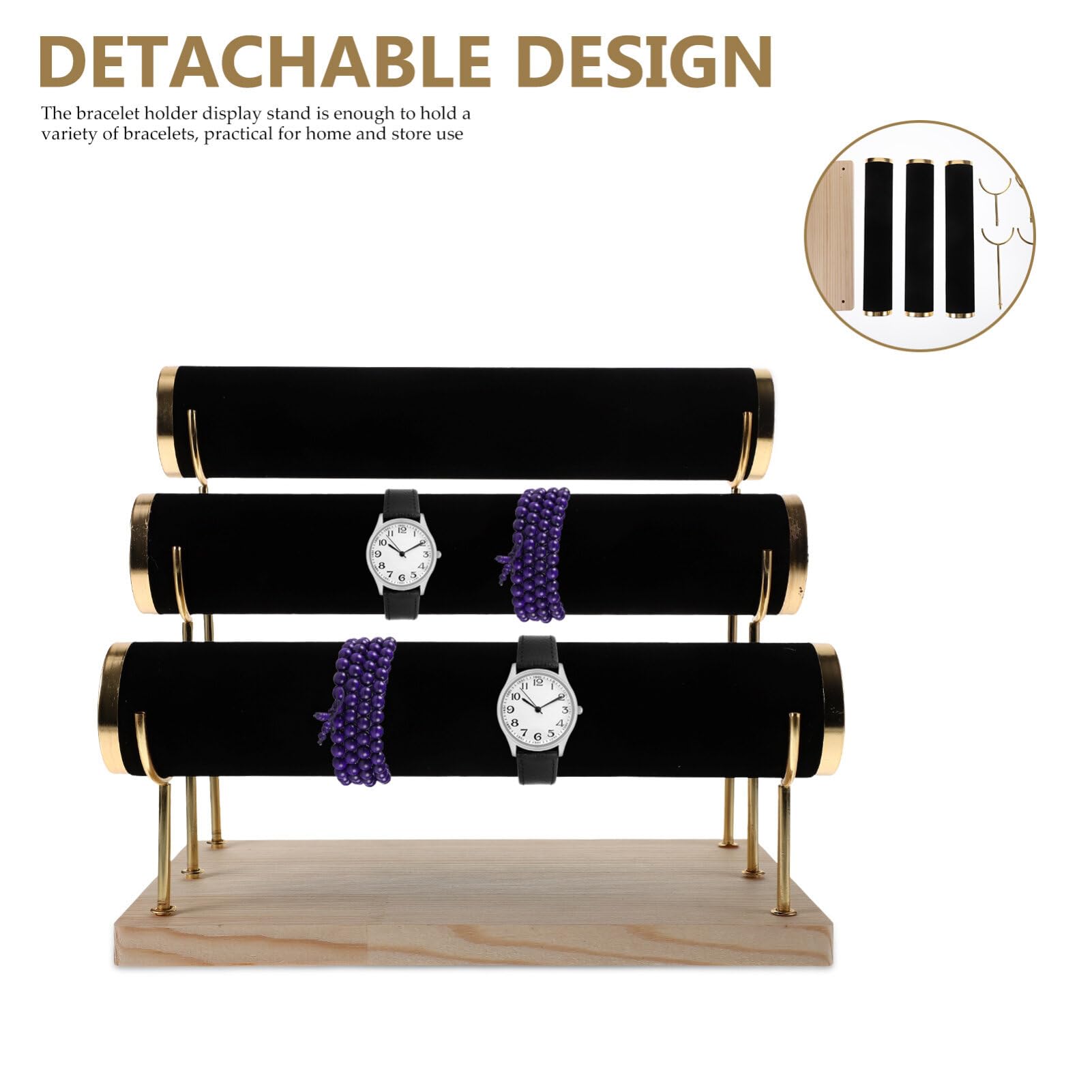 PRETYZOOM Armbandständer Samt Armbandständer Uhrenständer Armband Organizer Holz Schmuckständer 3 Etagen Schmuckhalter für Armbänder Uhren Halsketten Handschmuck Display Schwarz