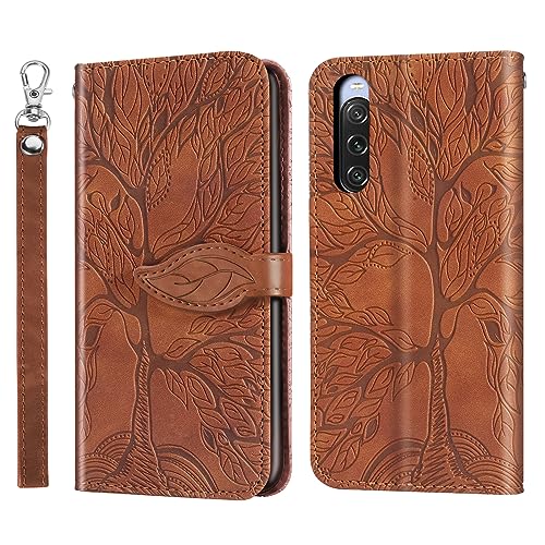Rostsant Funda para Sony Xperia 10 V 5G Árbol en Relieve Carcasa de Cuero PU Sony 10 V Cartera Magnético Funda Teléfono Billetera para Sony Xperia 10 V 5G - Marrón