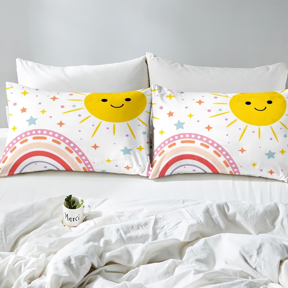 jejeloiu Pink Rainbow Duvet Cover Toddler Size Cartoon Sun Star Comforter Cover for Boys Girls Kids Cute Pattern White Bedding Set Breathable Bedroom Decor Bedclothes