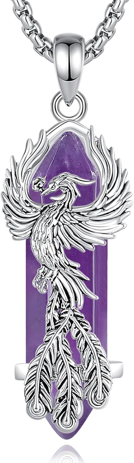 AEONSLOVE Dragon & Phoenix Necklace with Healing Crystal – Amethyst/Obsidian/Turquoise/Lapis Lazuli/Malachite/Clear Quartz/Rose Quartz/Carnelian Crystal Jewelry Gifts for Women Men